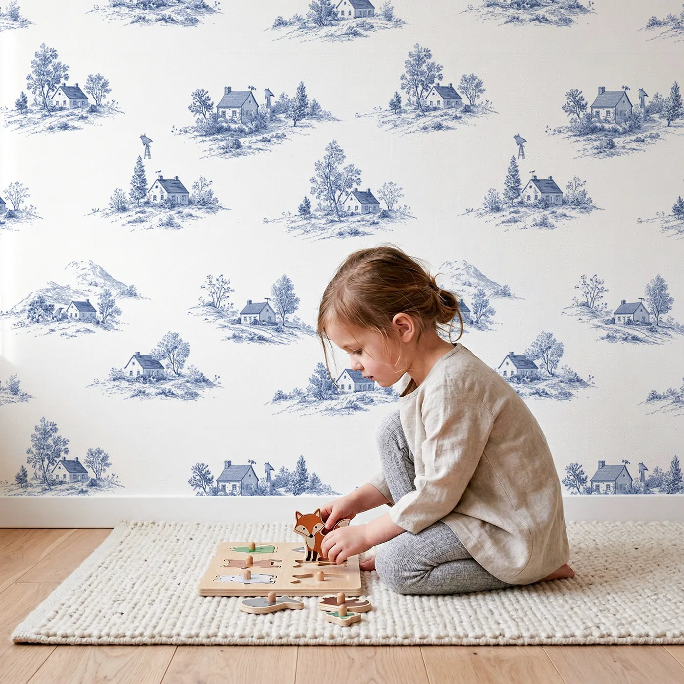 Cottage Toile Toss wallpaper in a cozy kids room - Whimsy Tots