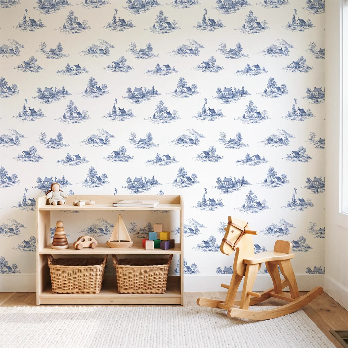 Cottage Toile Toss wallpaper in a styled nursery - Whimsy Tots