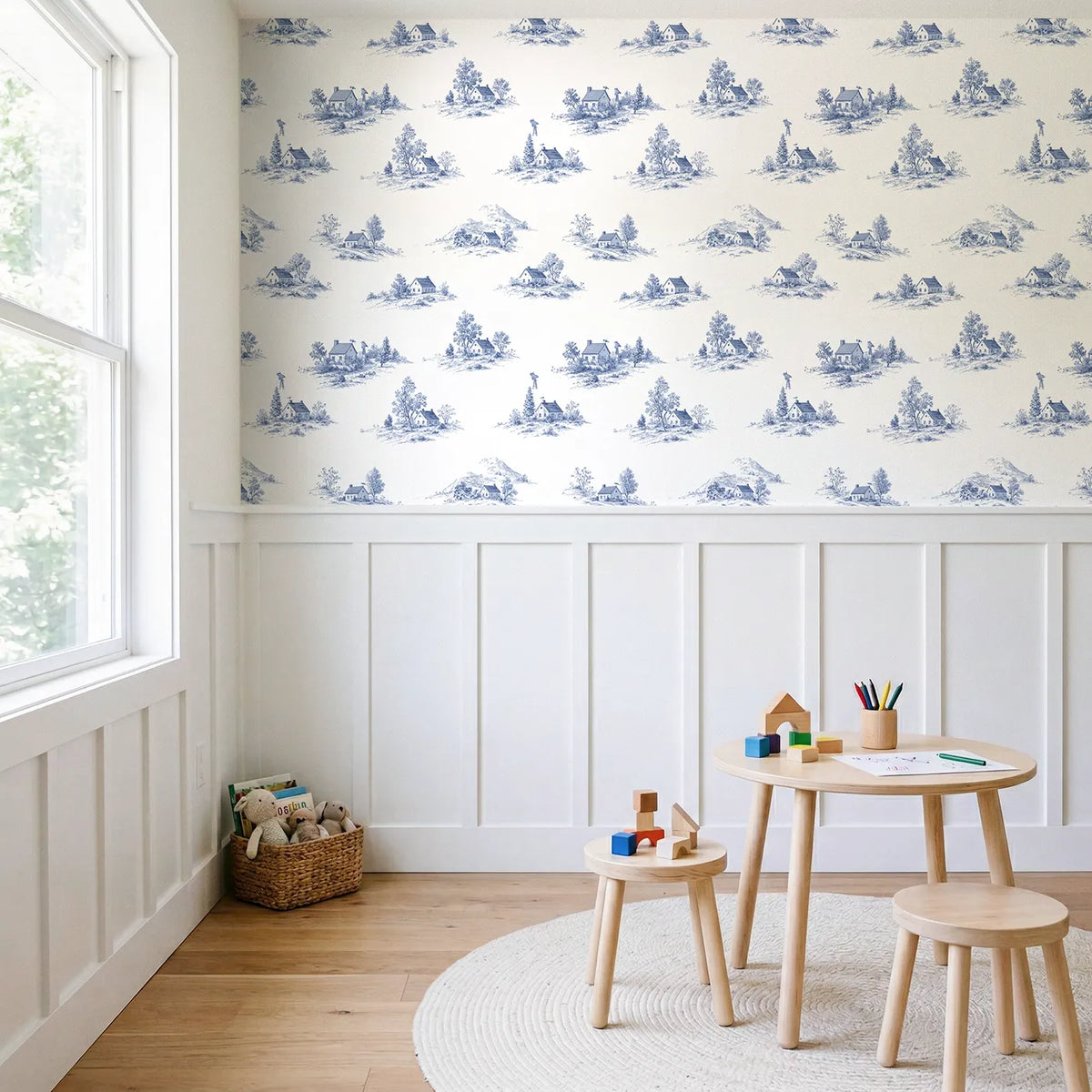 Cottage Toile Toss wallpaper above wainscoting - Whimsy Tots
