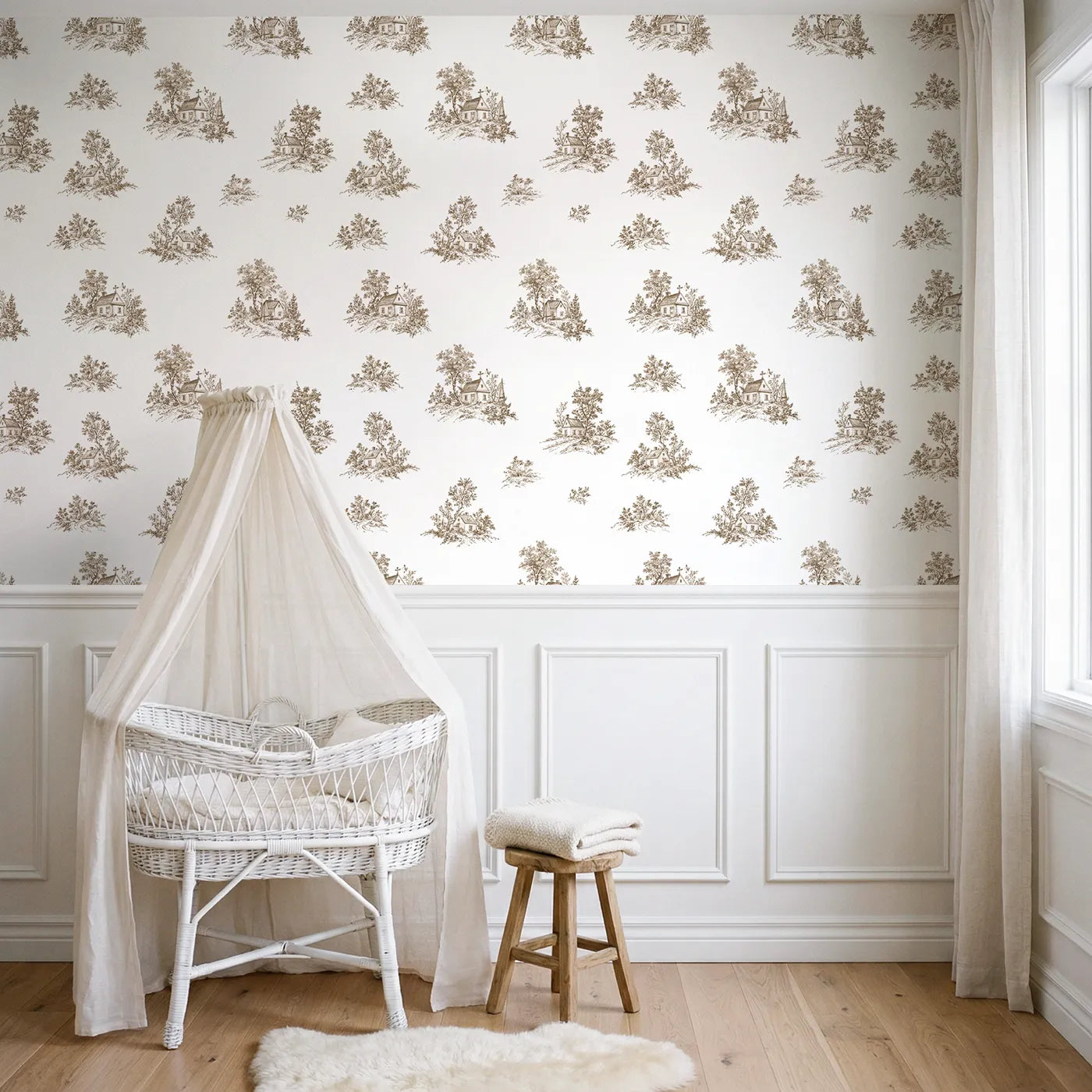 Cottage Toile Rows in Brown wallpaper above wainscoting - Whimsy Tots