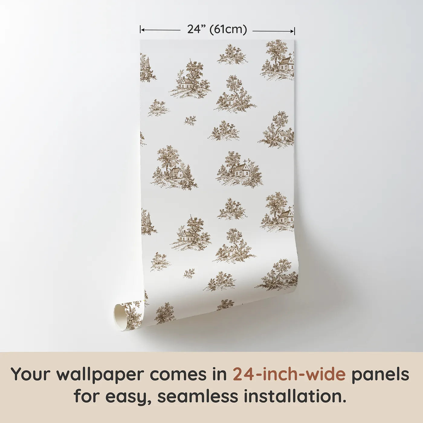 Cottage Toile Rows in Brown wallpaper panel dimensions - Whimsy Tots