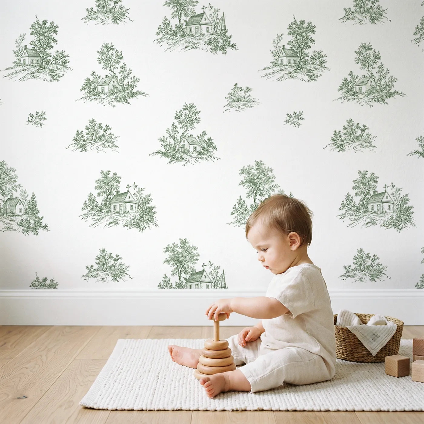 Cottage Toile Rows in Green wallpaper in a cozy kids room - Whimsy Tots