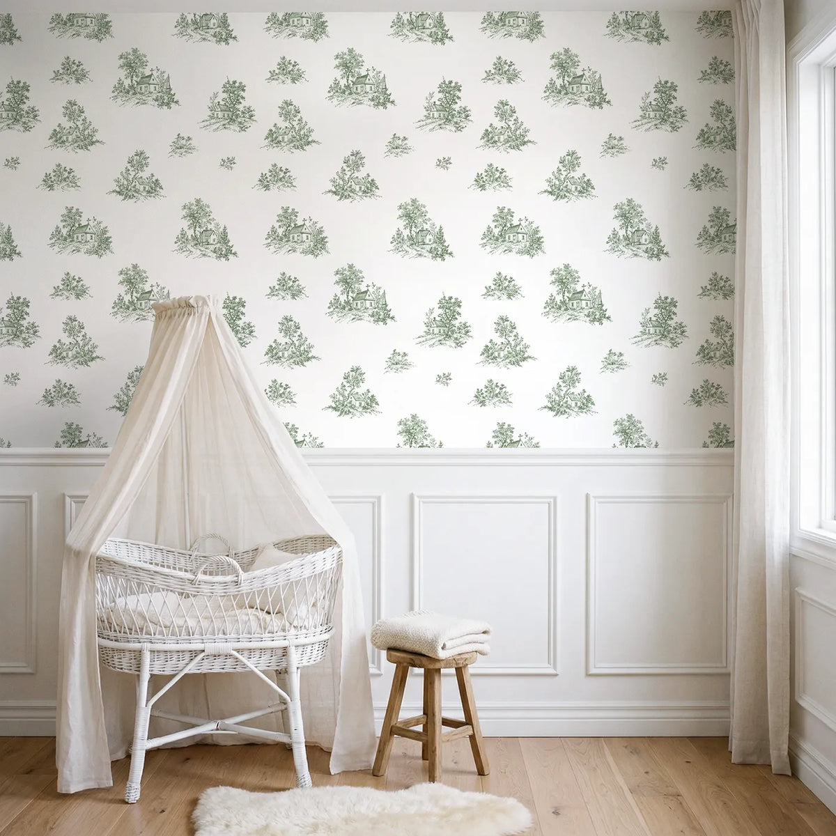 Cottage Toile Rows in Green wallpaper above wainscoting - Whimsy Tots