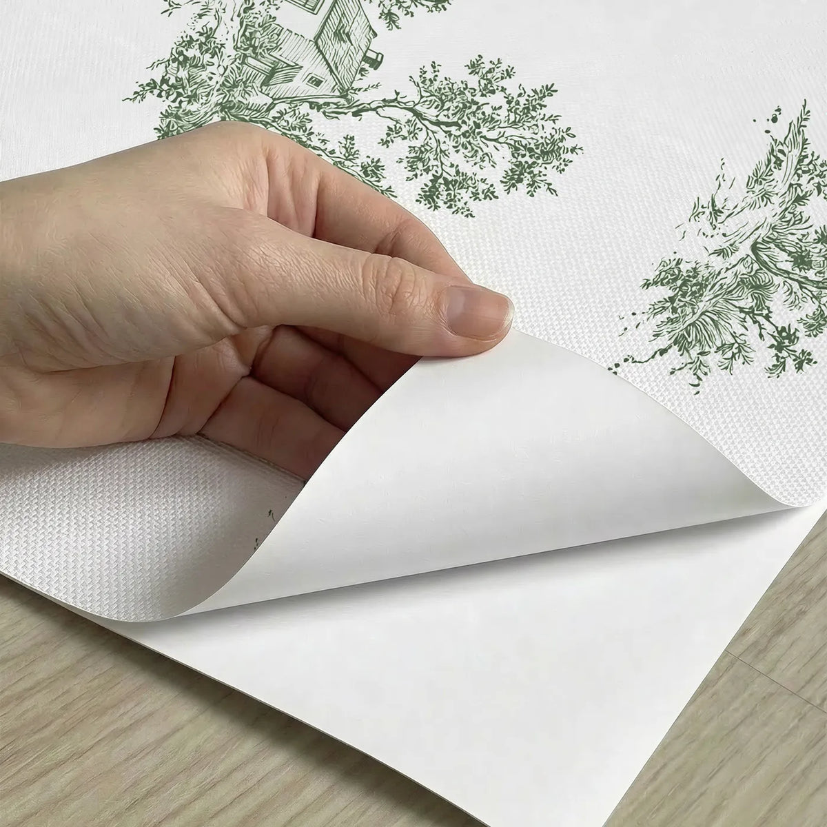 Cottage Toile Rows in Green peel and stick material close-up - Whimsy Tots