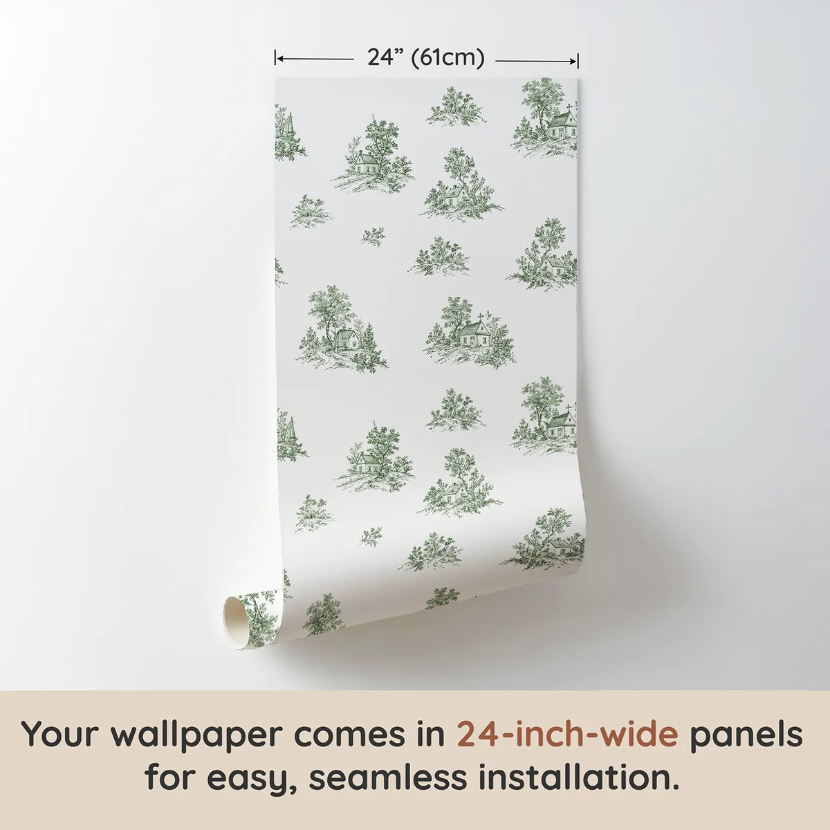 Cottage Toile Rows in Green wallpaper panel dimensions - Whimsy Tots