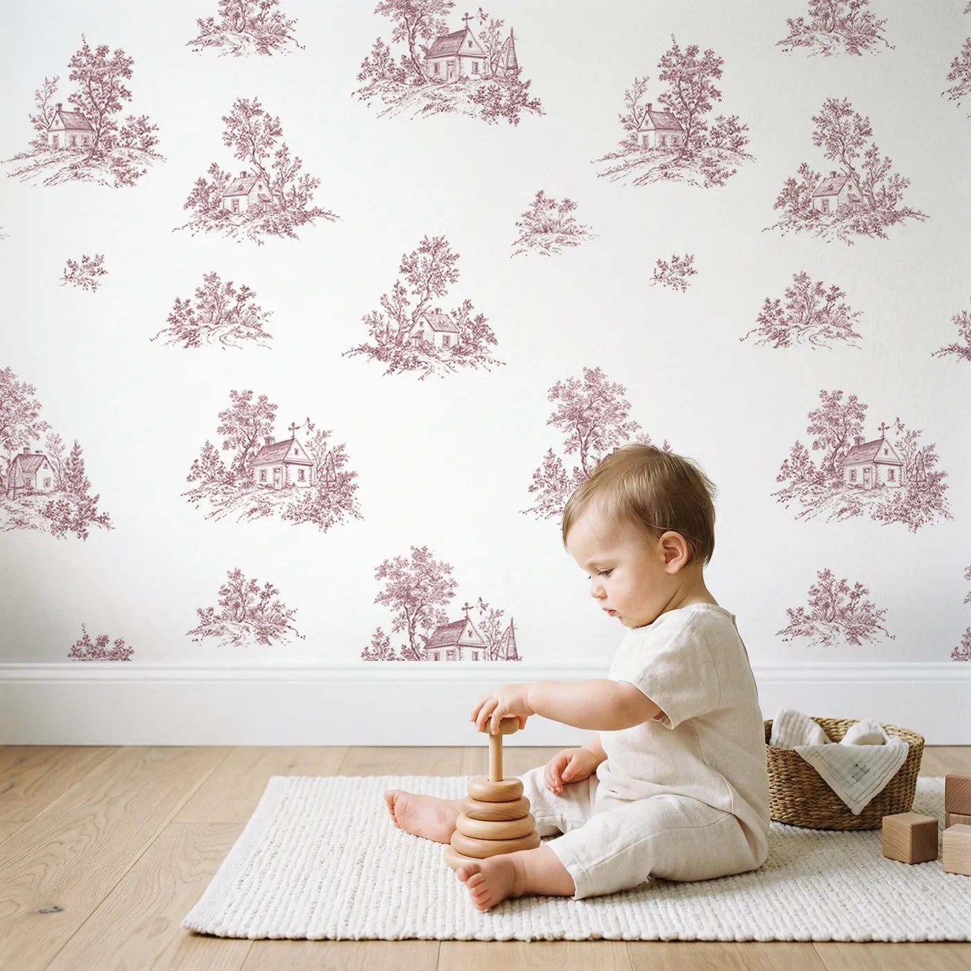 Cottage Toile Rows in Pink wallpaper in a cozy kids room - Whimsy Tots