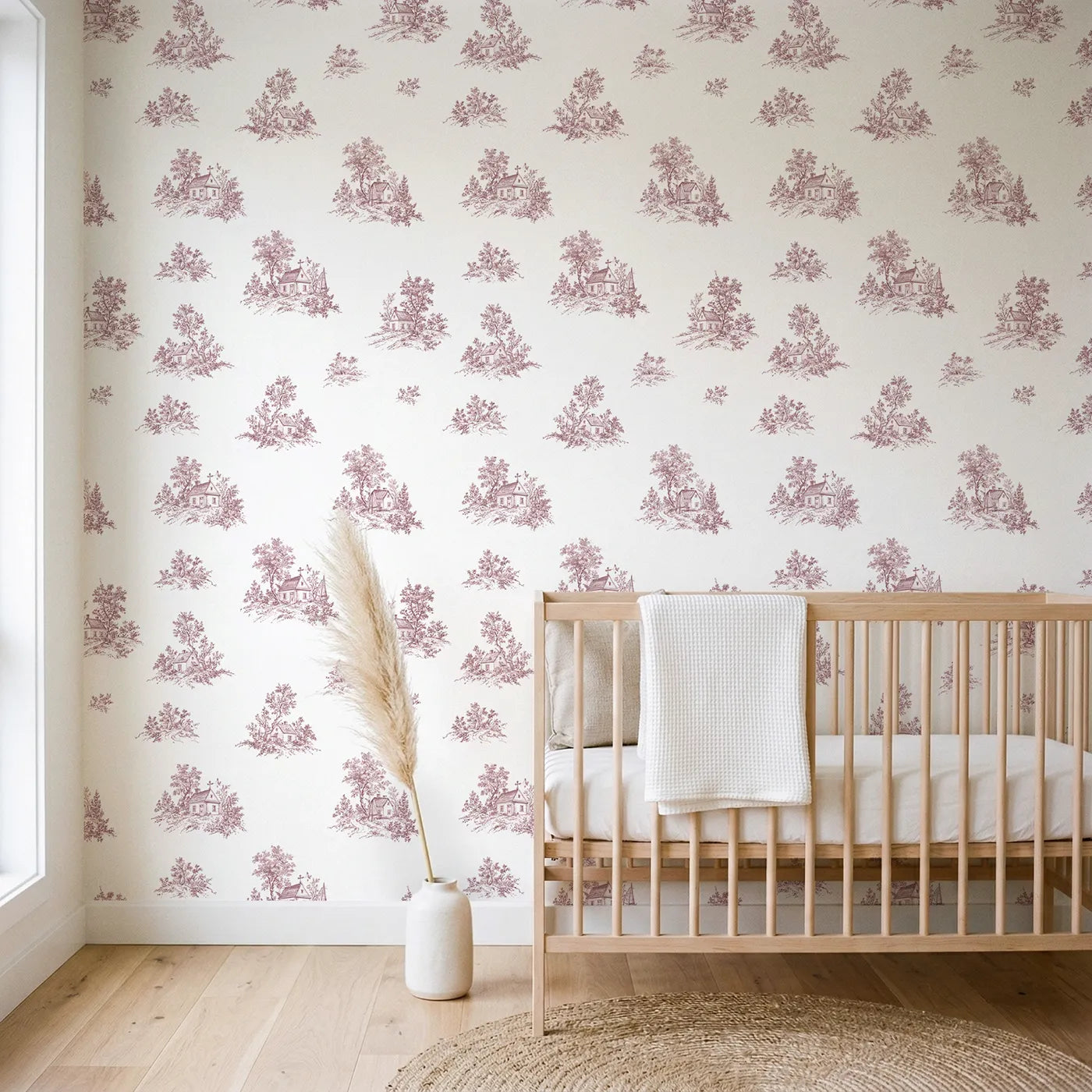 Cottage Toile Rows in Pink wallpaper in a styled nursery - Whimsy Tots