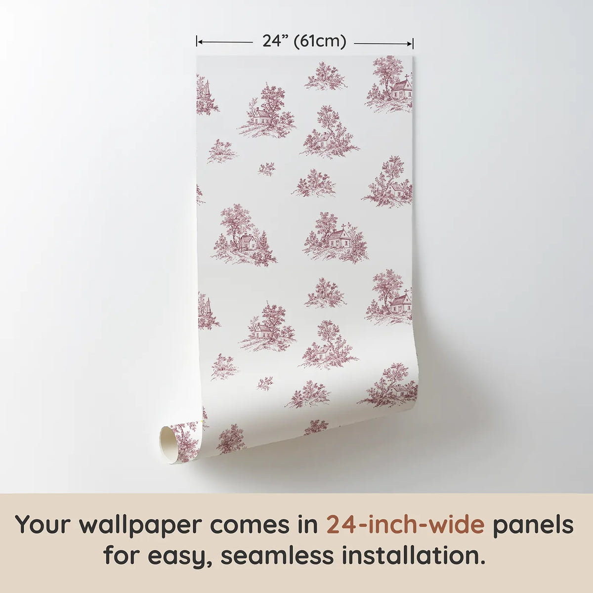 Cottage Toile Rows in Pink wallpaper panel dimensions - Whimsy Tots