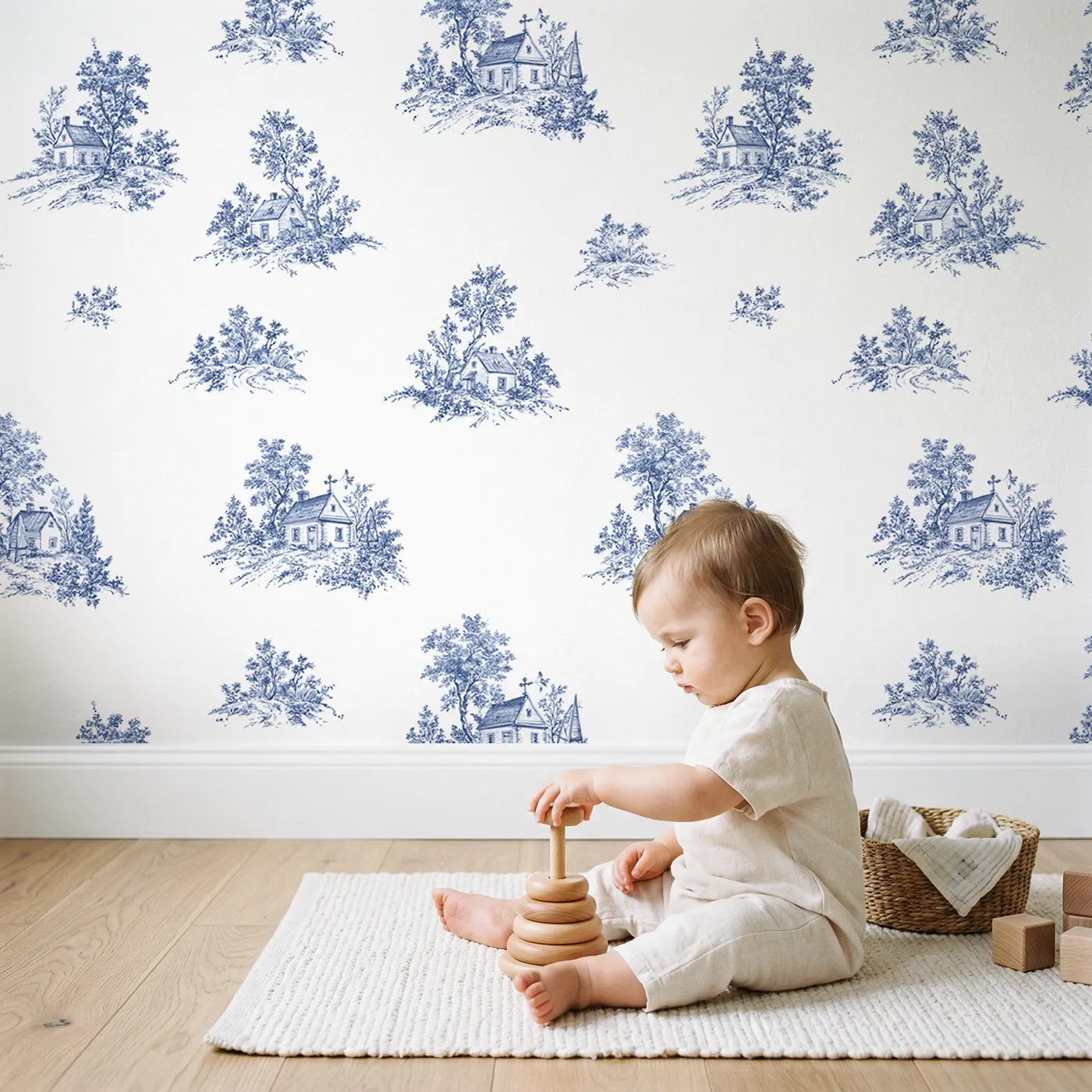 Cottage Toile Rows wallpaper in a cozy kids room - Whimsy Tots