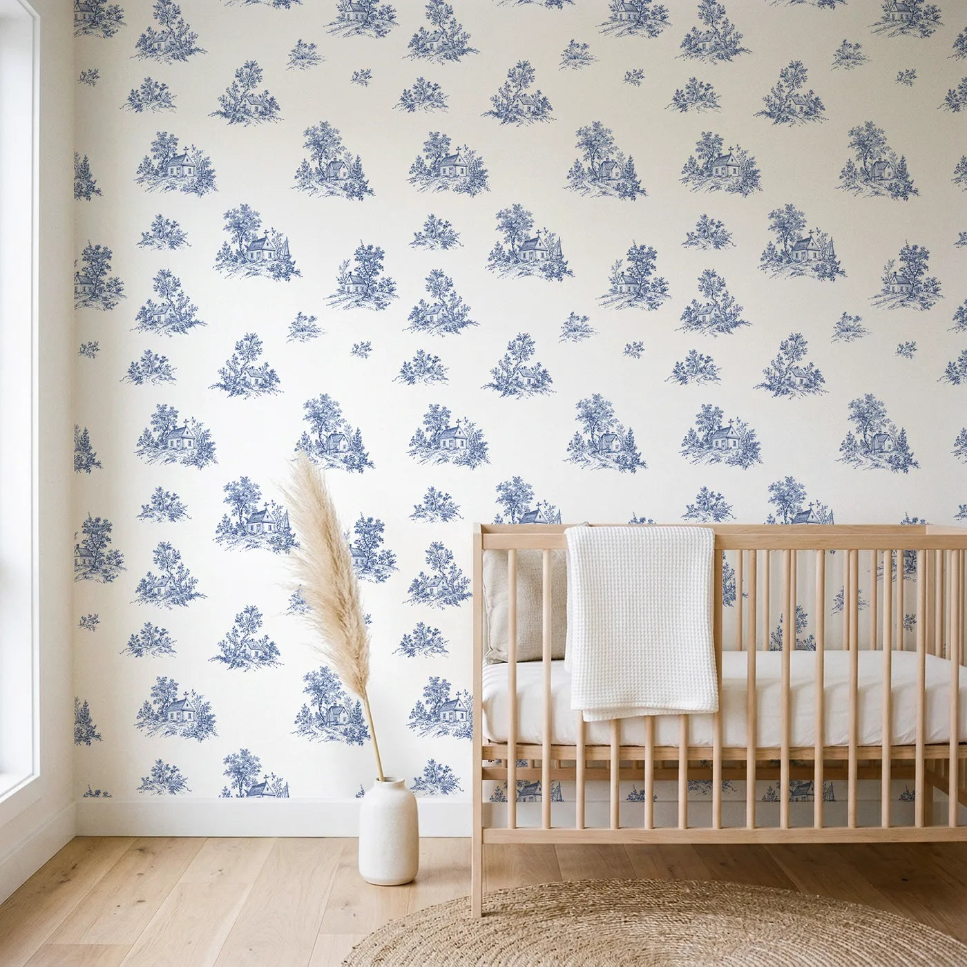 Cottage Toile Rows wallpaper in a styled nursery - Whimsy Tots