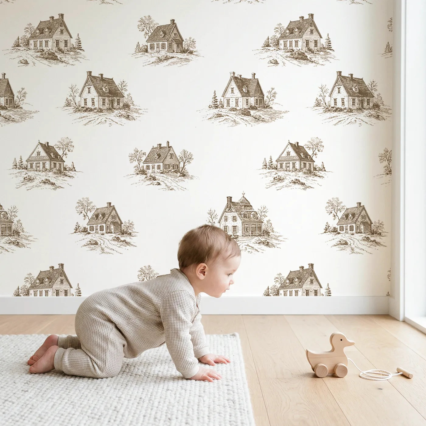 Cottage Toile Drop in Brown wallpaper in a cozy kids room - Whimsy Tots