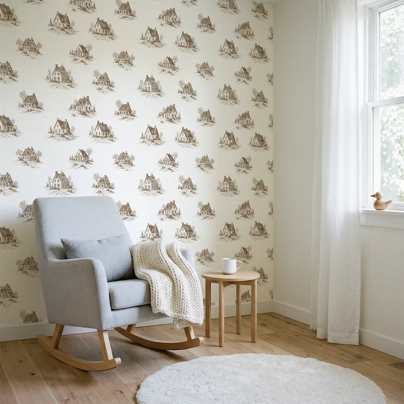 Cottage Toile Drop in Brown wallpaper in a styled nursery - Whimsy Tots