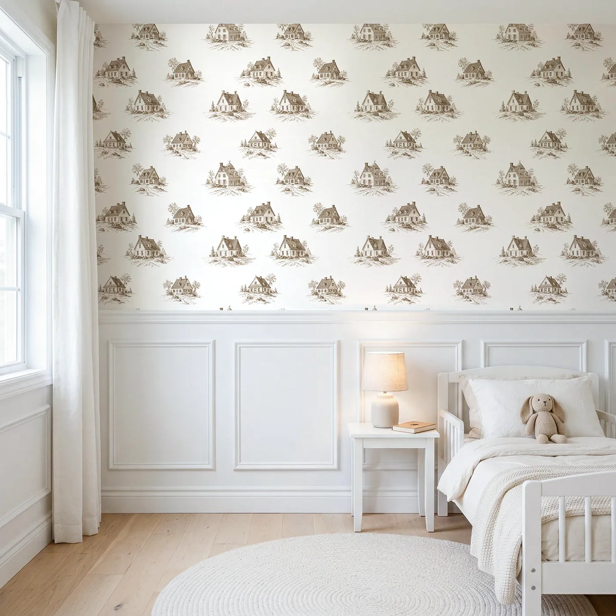 Cottage Toile Drop in Brown wallpaper above wainscoting - Whimsy Tots