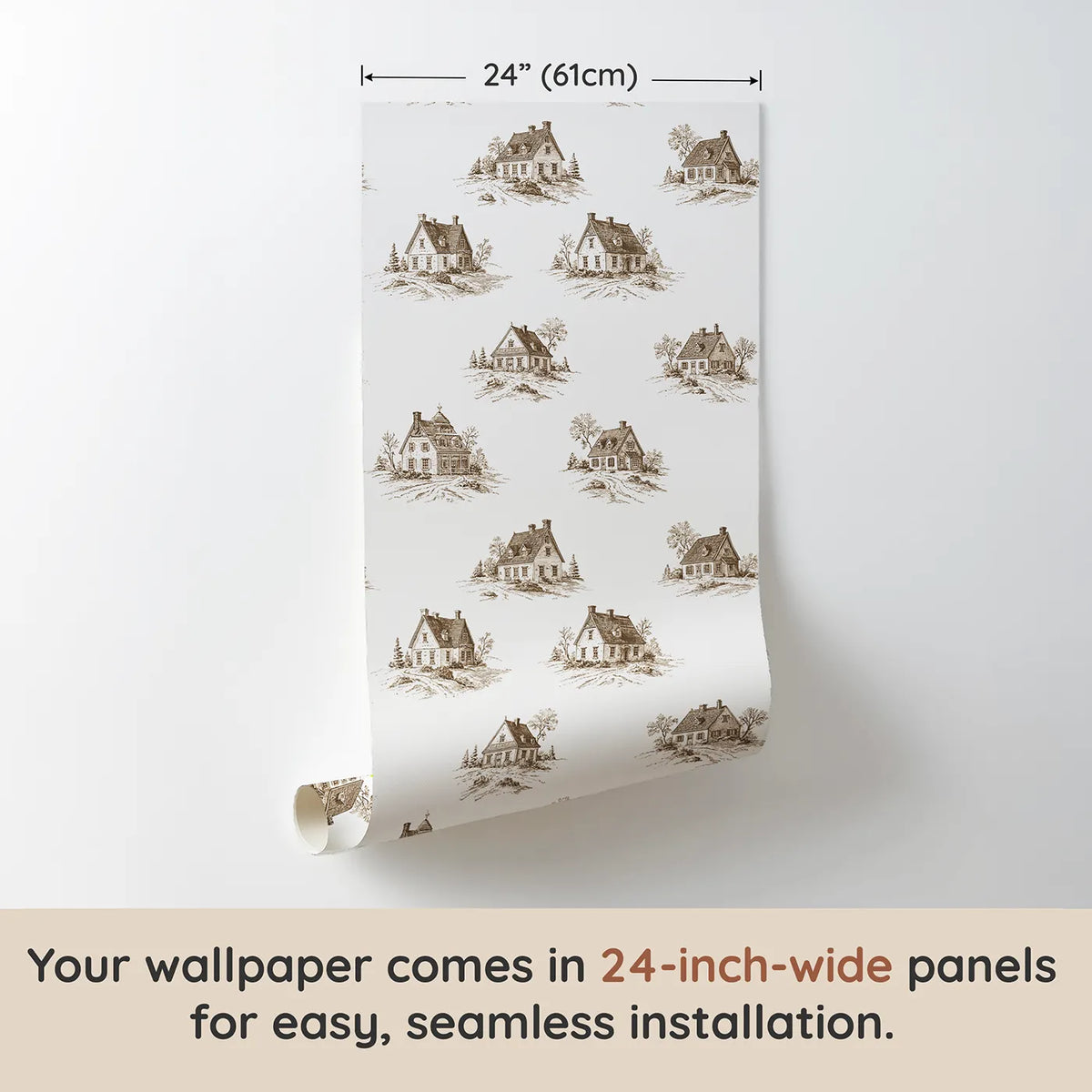 Cottage Toile Drop in Brown wallpaper panel dimensions - Whimsy Tots