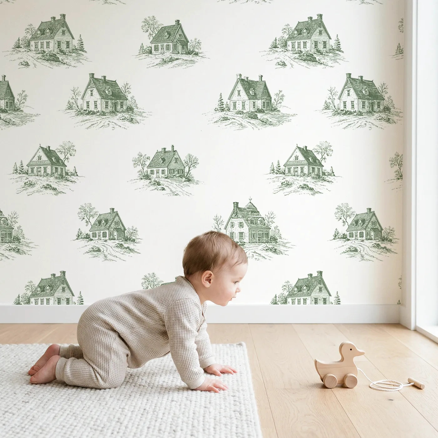 Cottage Toile Drop in Green wallpaper in a cozy kids room - Whimsy Tots