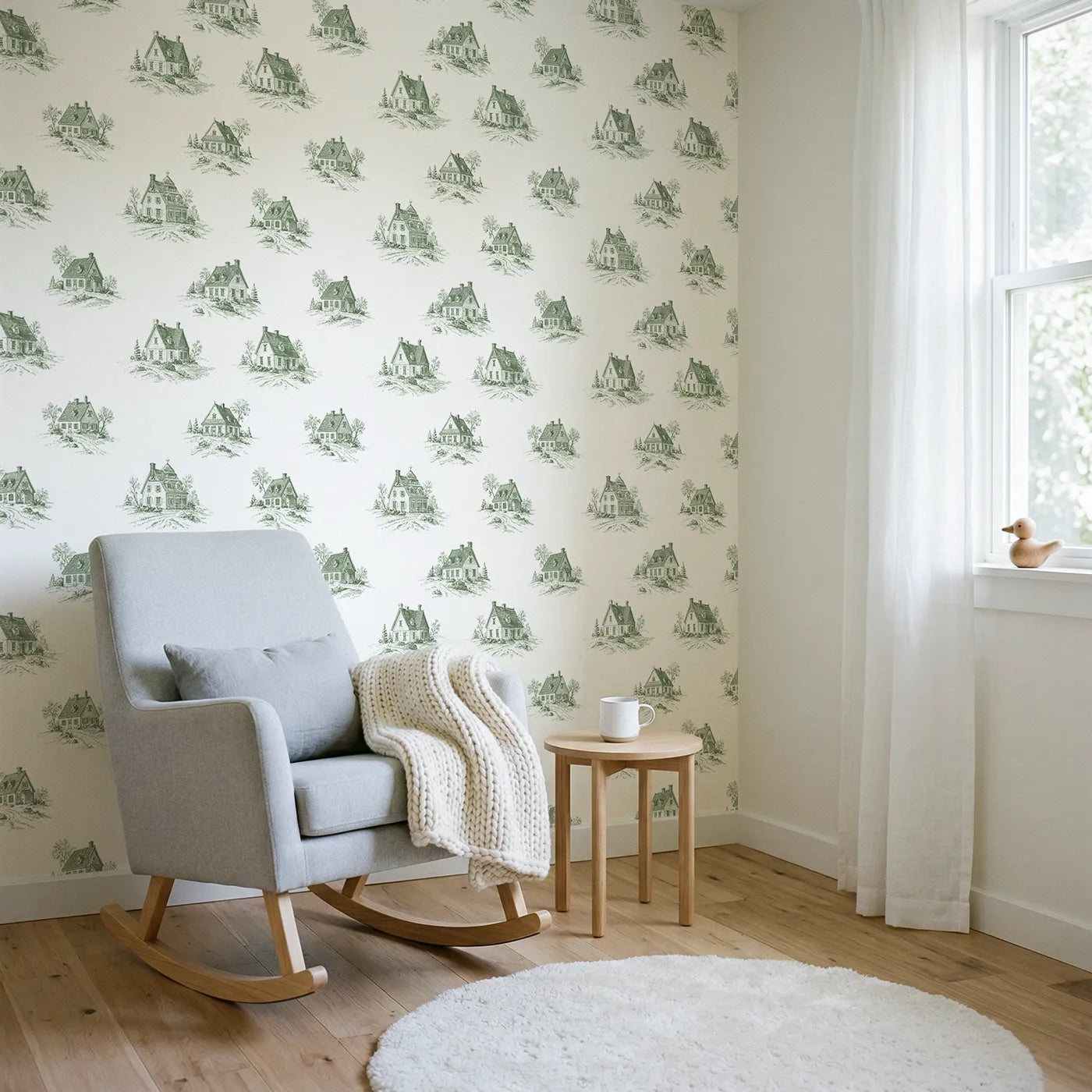 Cottage Toile Drop in Green wallpaper in a styled nursery - Whimsy Tots
