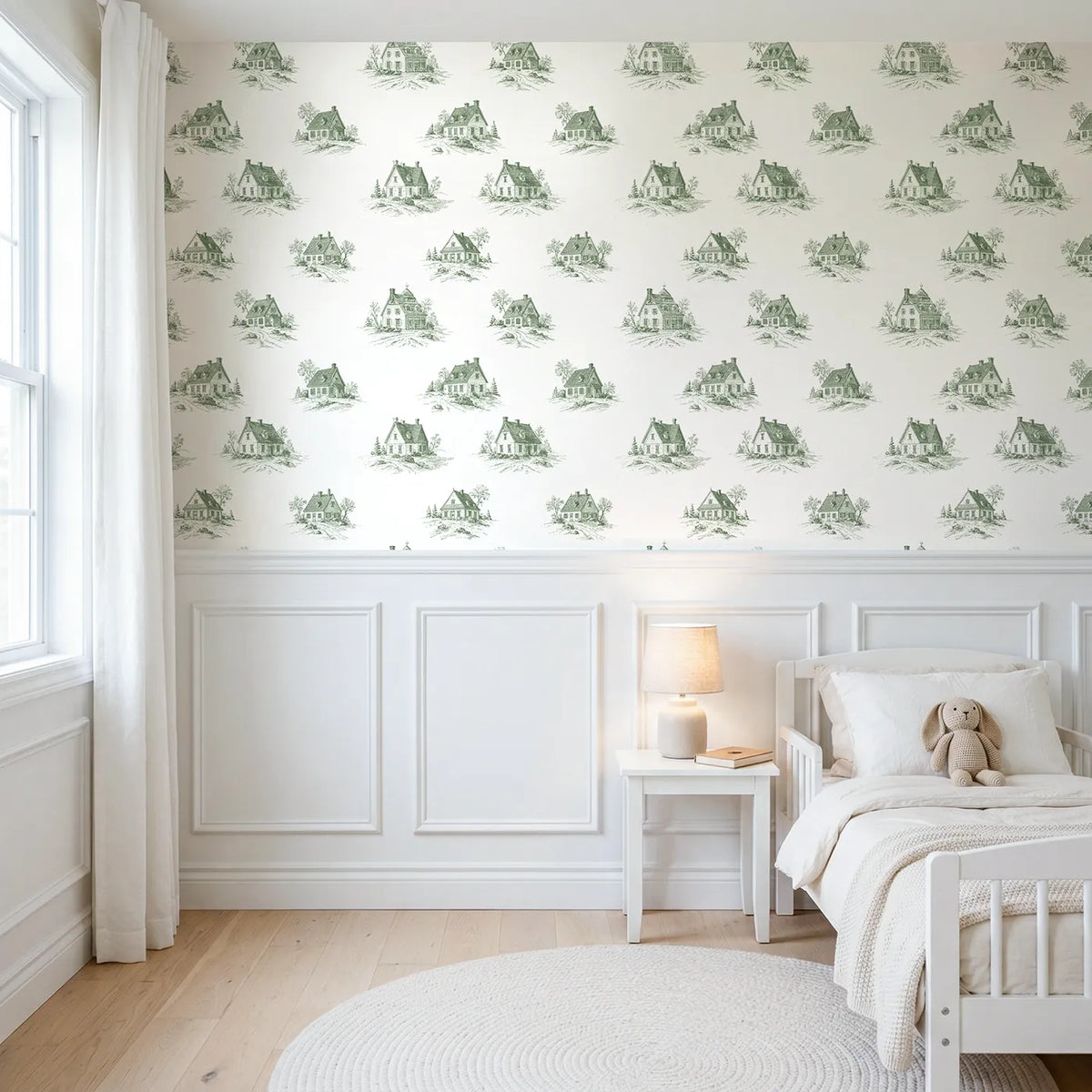 Cottage Toile Drop in Green wallpaper above wainscoting - Whimsy Tots