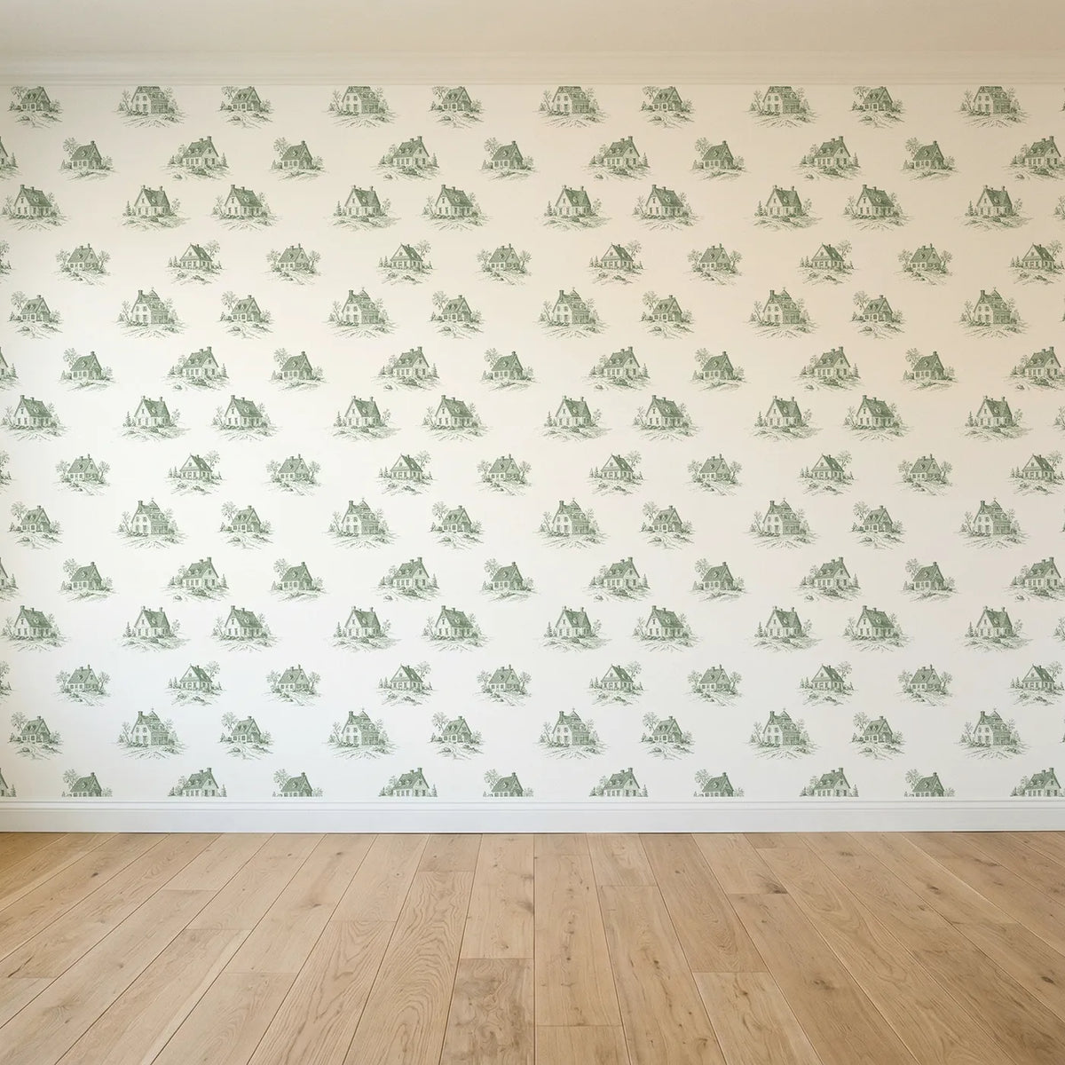 Cottage Toile Drop in Green seamless wallpaper full pattern - Whimsy Tots