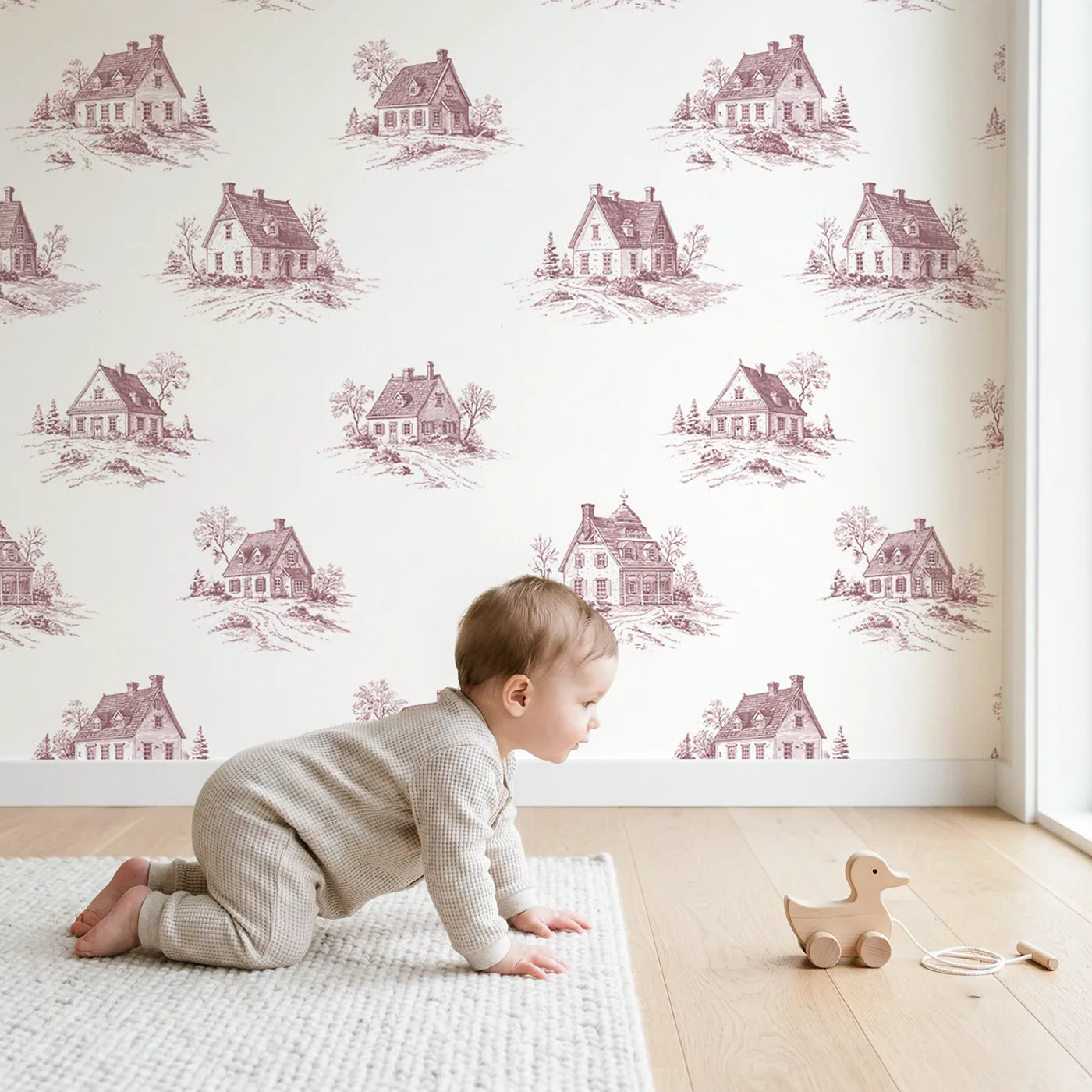 Cottage Toile Drop in Pink wallpaper in a cozy kids room - Whimsy Tots