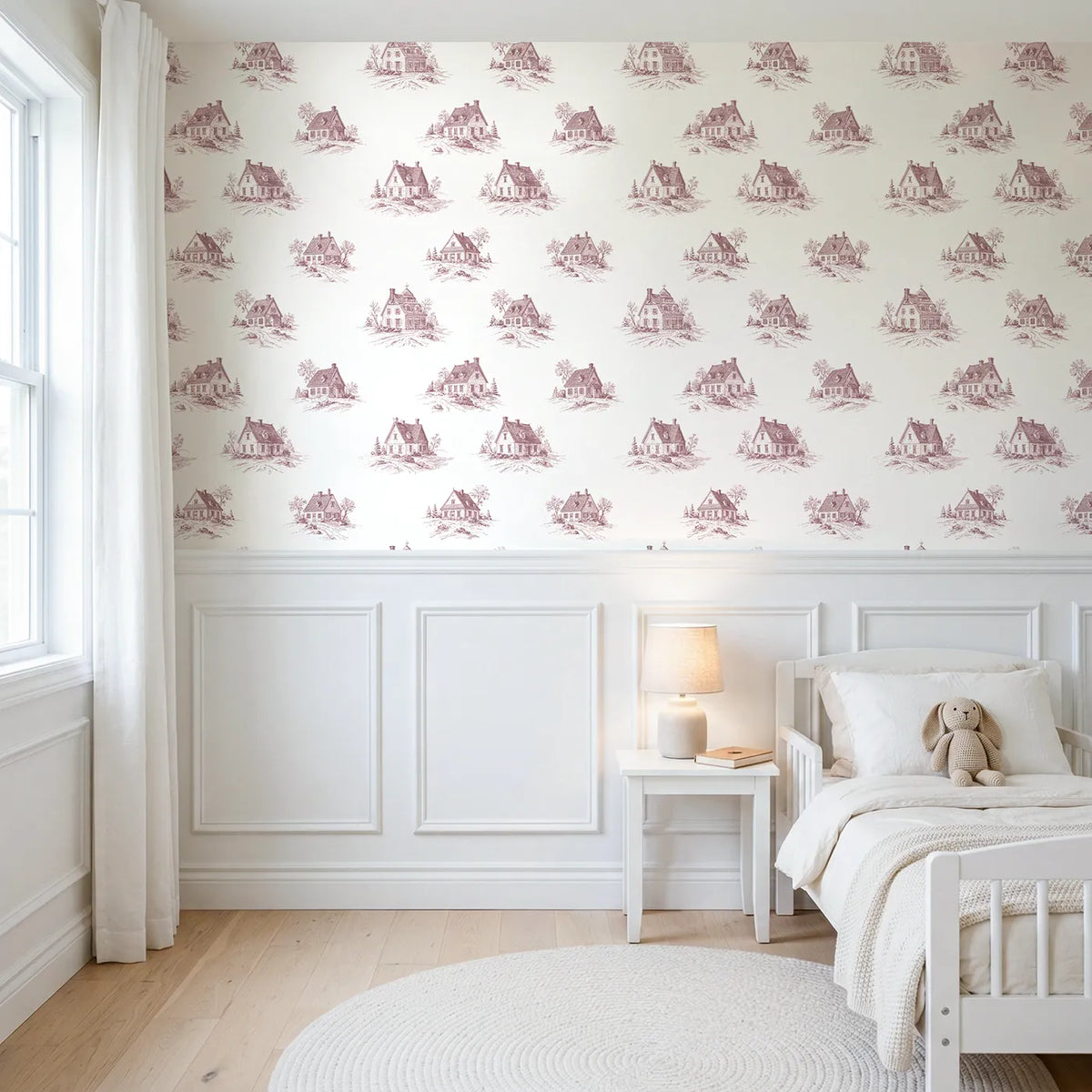 Cottage Toile Drop in Pink wallpaper above wainscoting - Whimsy Tots
