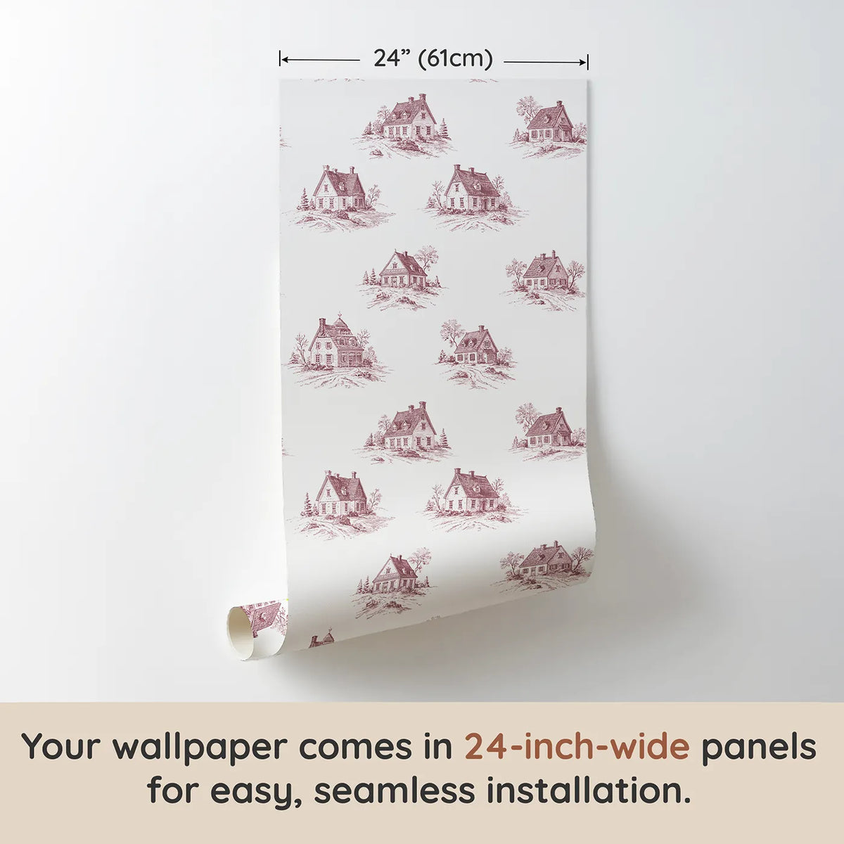 Cottage Toile Drop in Pink wallpaper panel dimensions - Whimsy Tots