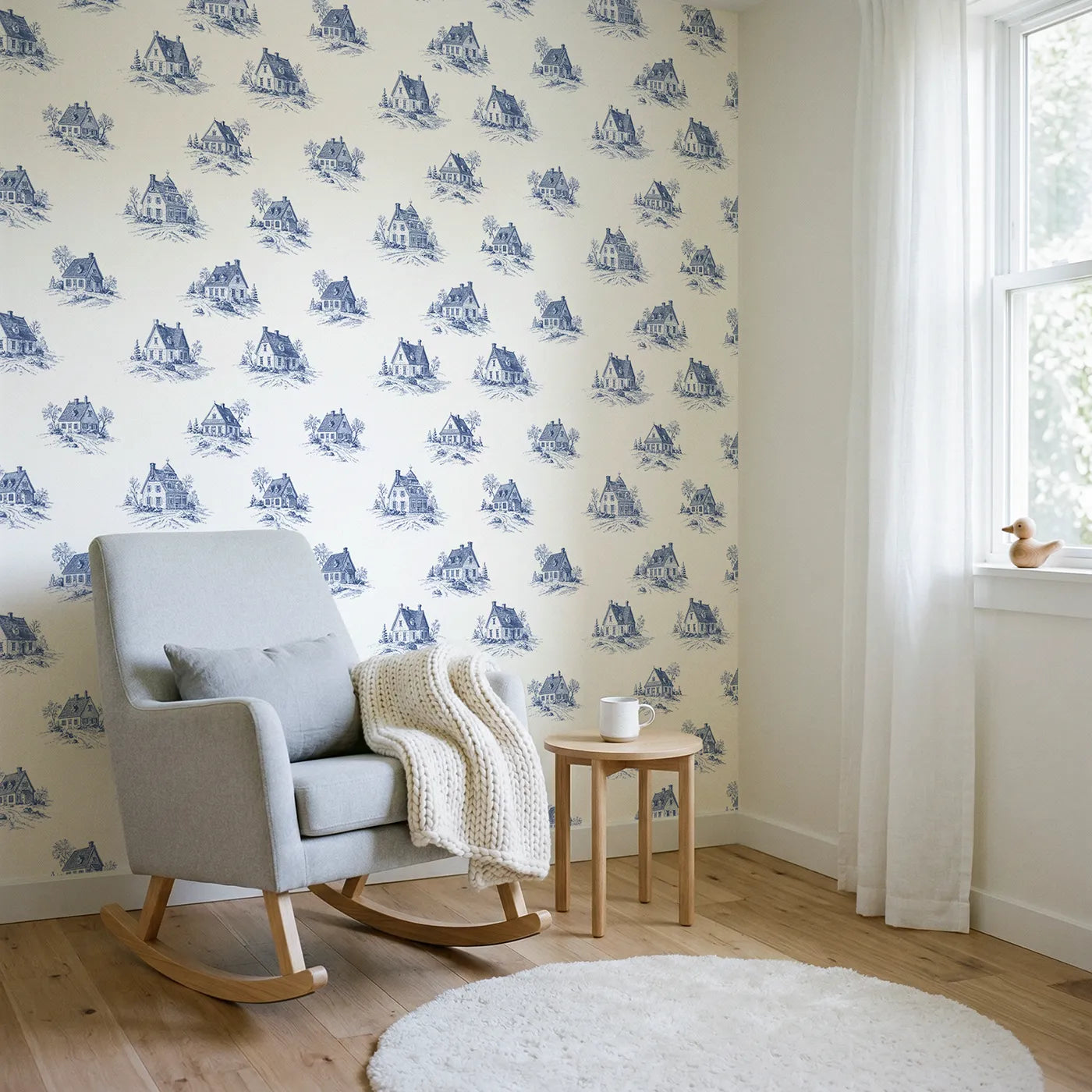 Cottage Toile Drop wallpaper in a styled nursery - Whimsy Tots
