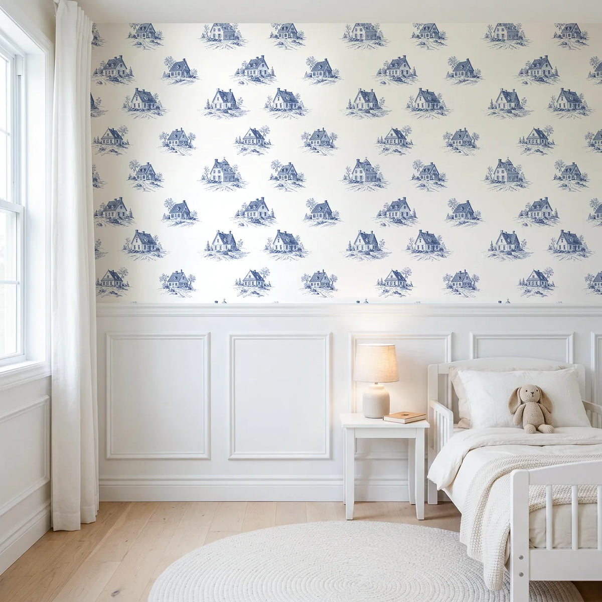 Cottage Toile Drop wallpaper above wainscoting - Whimsy Tots