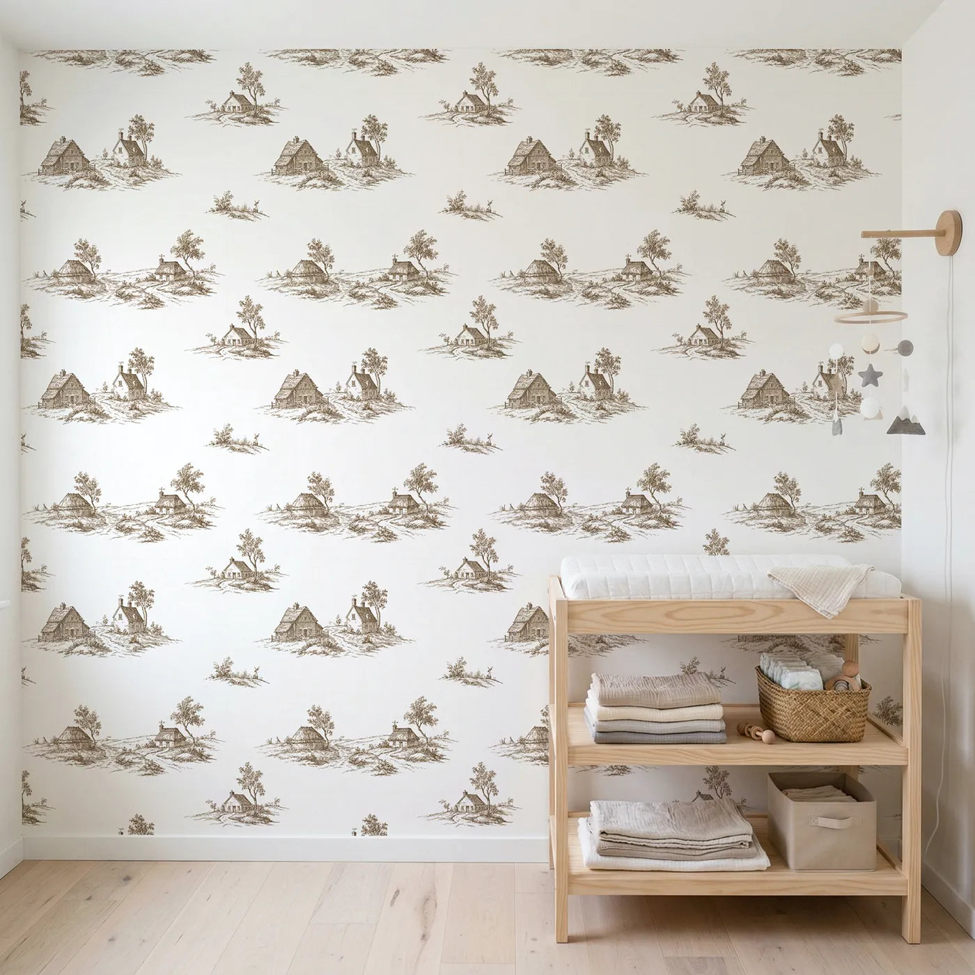 Cottage Toile Scene in Brown wallpaper in a styled nursery - Whimsy Tots