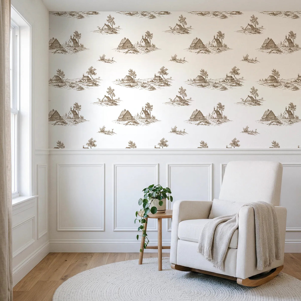 Cottage Toile Scene in Brown wallpaper above wainscoting - Whimsy Tots