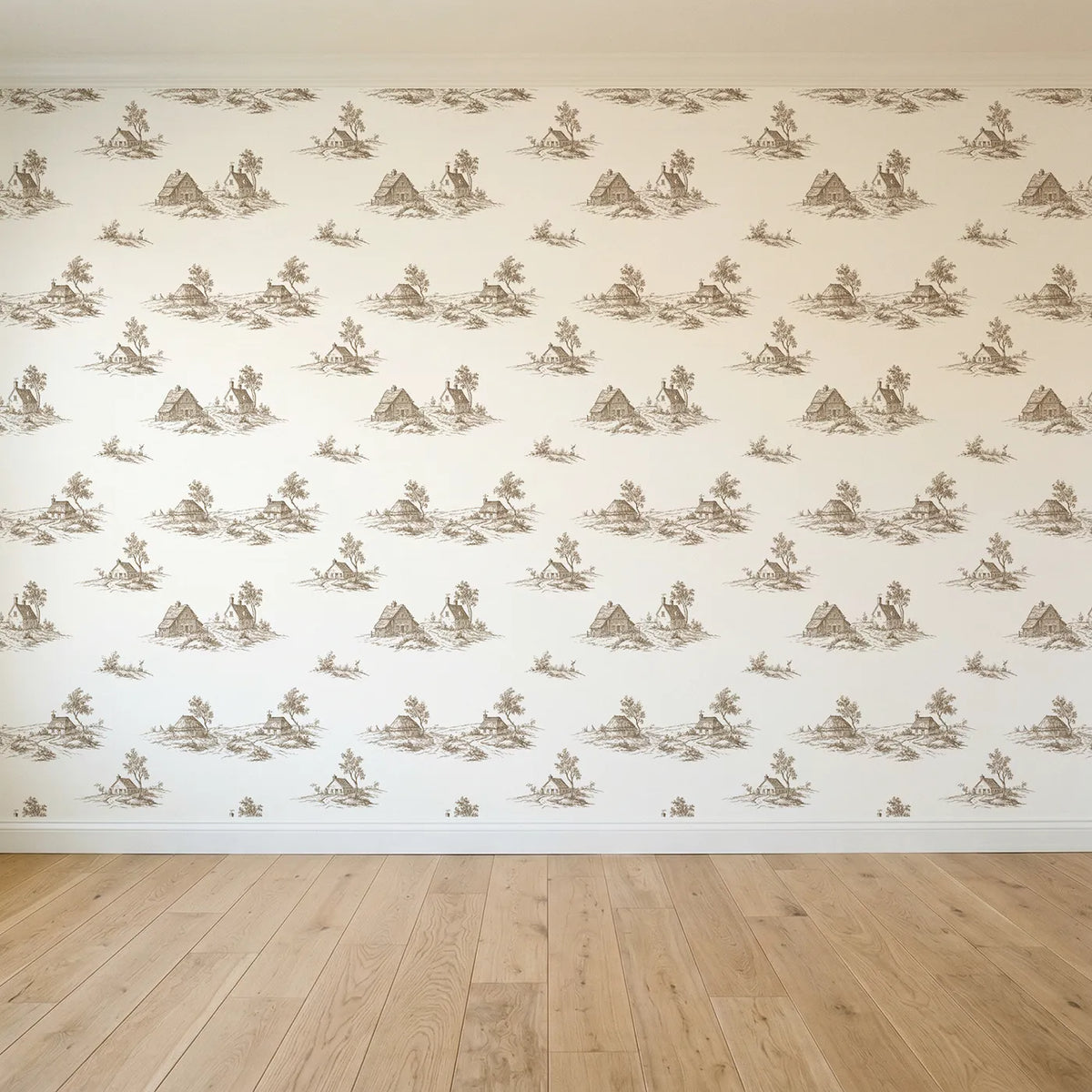 Cottage Toile Scene in Brown seamless wallpaper full pattern - Whimsy Tots