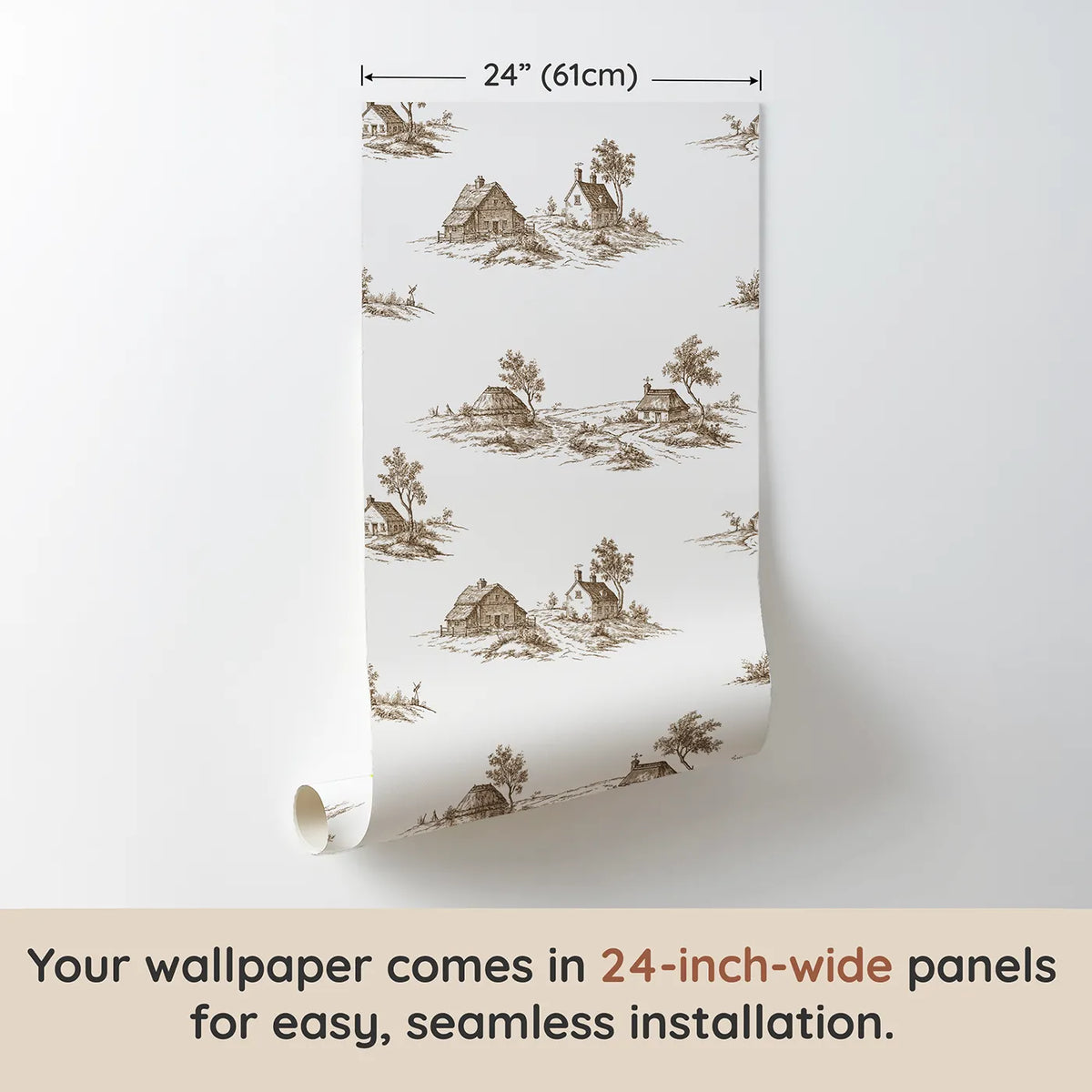 Cottage Toile Scene in Brown wallpaper panel dimensions - Whimsy Tots