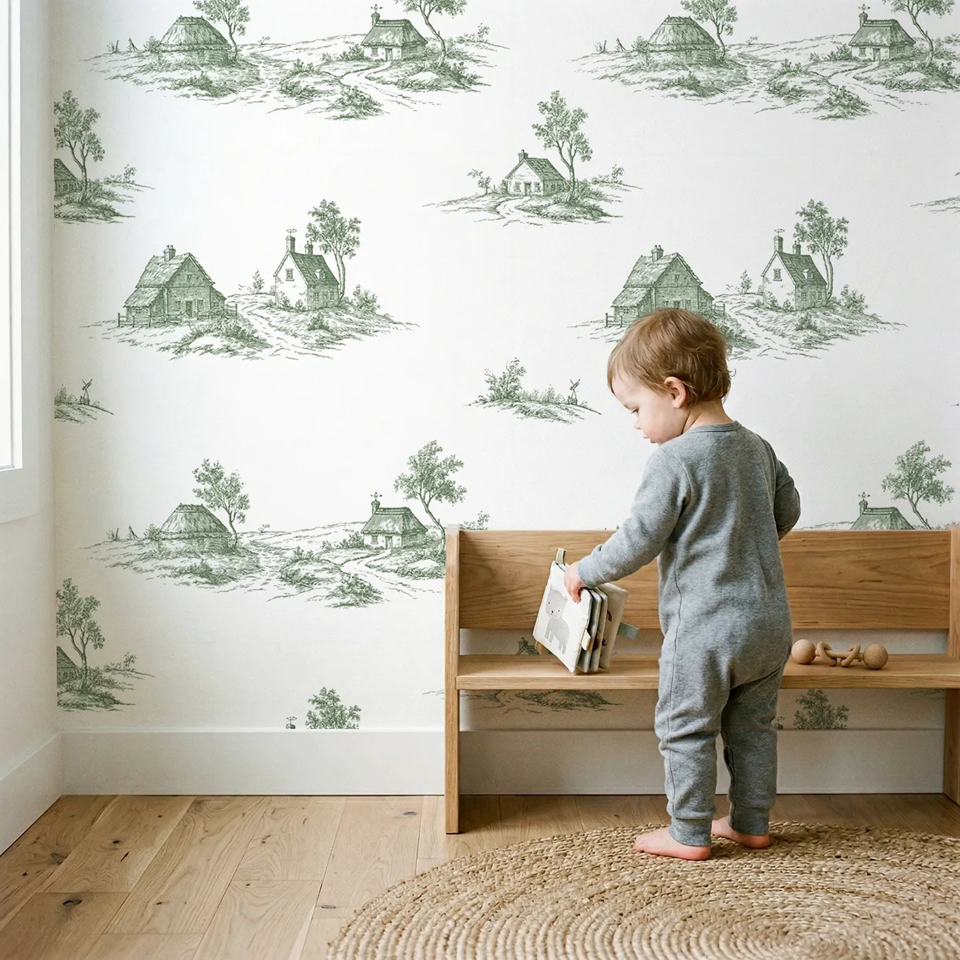 Cottage Toile Scene in Green wallpaper in a cozy kids room - Whimsy Tots