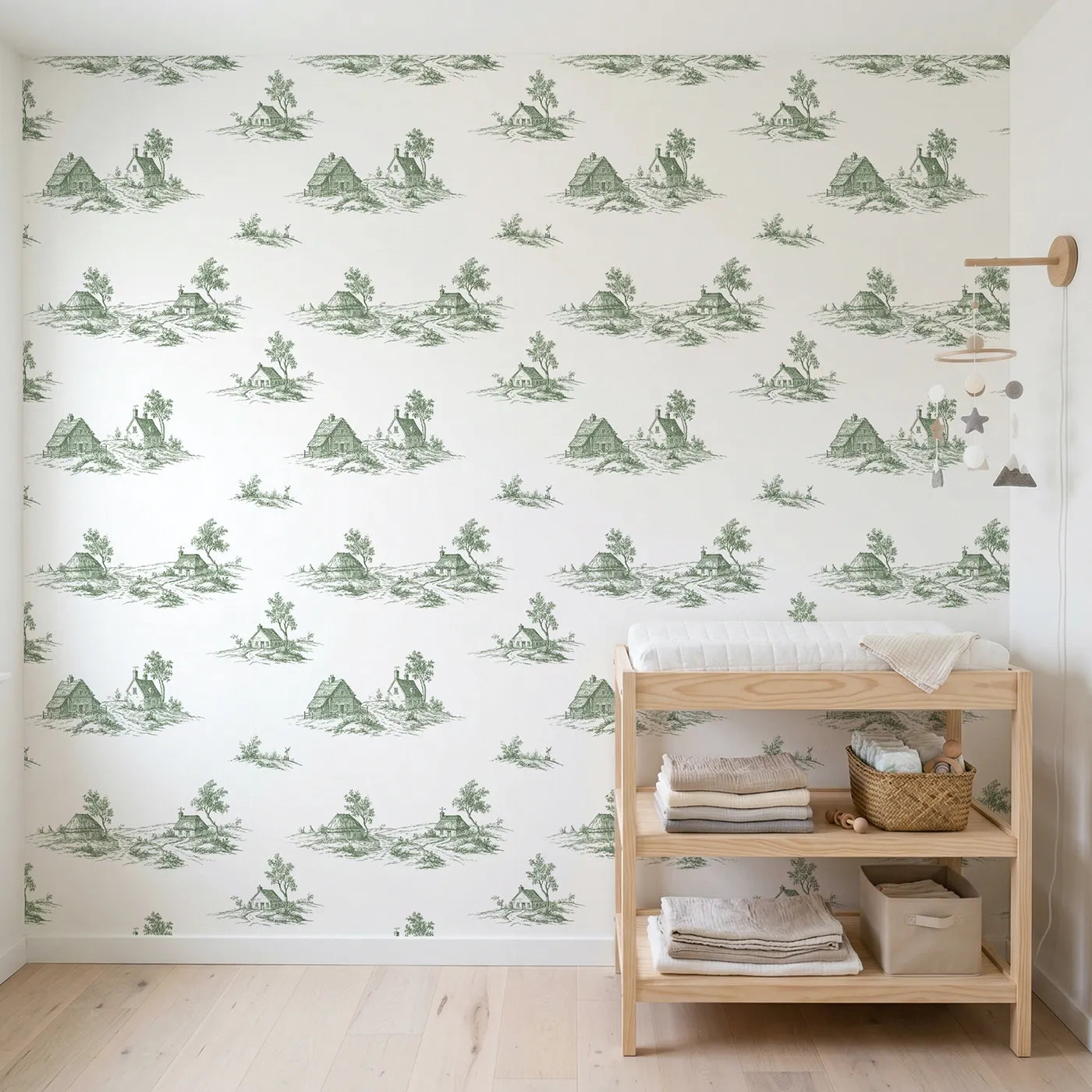Cottage Toile Scene in Green wallpaper in a styled nursery - Whimsy Tots