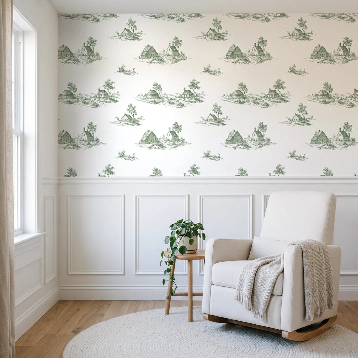 Cottage Toile Scene in Green wallpaper above wainscoting - Whimsy Tots