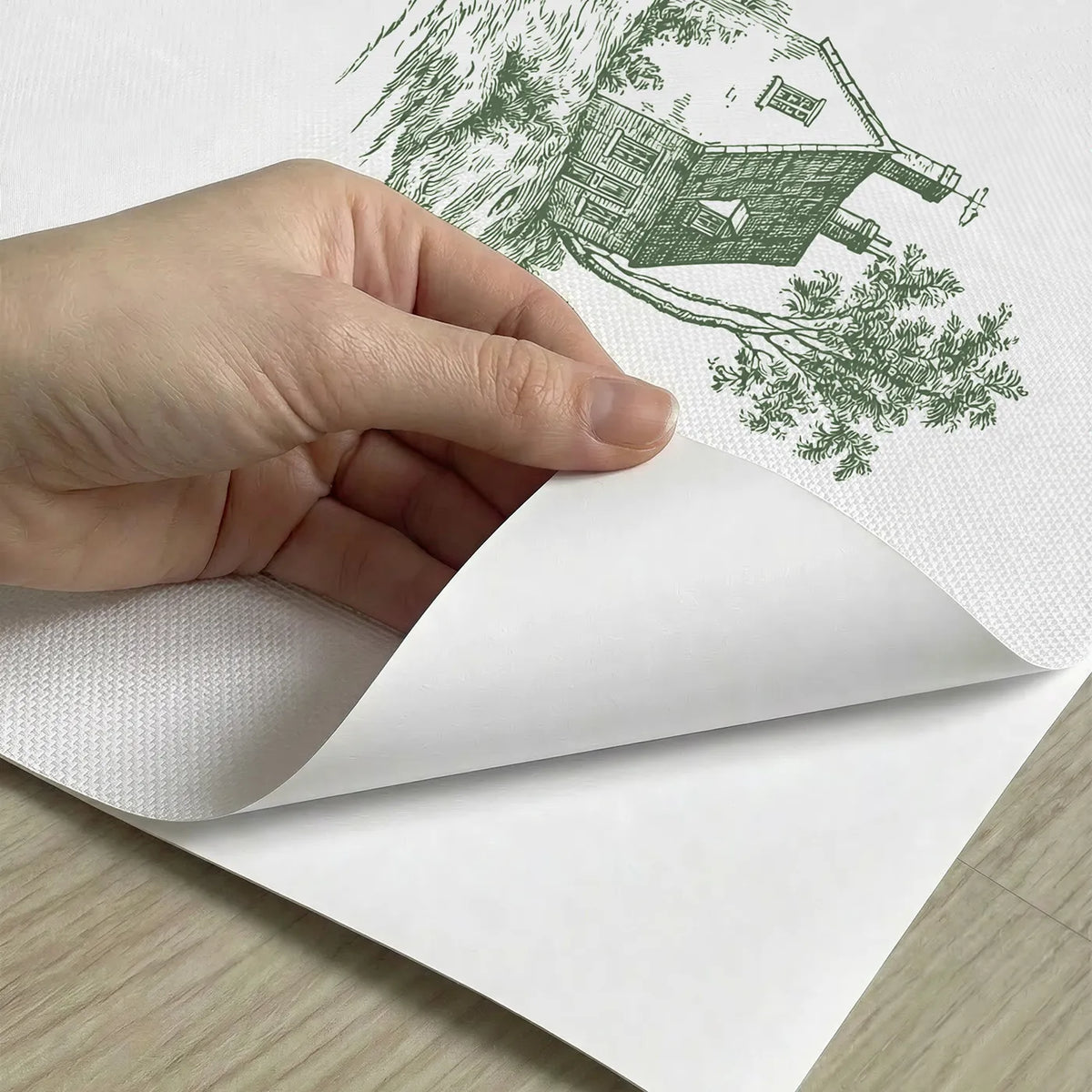 Cottage Toile Scene in Green peel and stick material close-up - Whimsy Tots