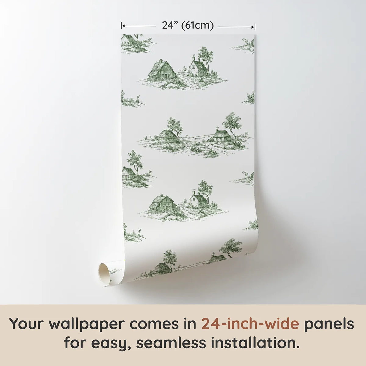 Cottage Toile Scene in Green wallpaper panel dimensions - Whimsy Tots