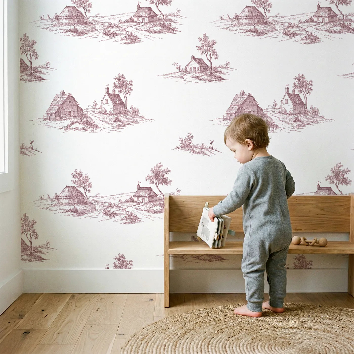 Cottage Toile Scene in Pink wallpaper in a cozy kids room - Whimsy Tots
