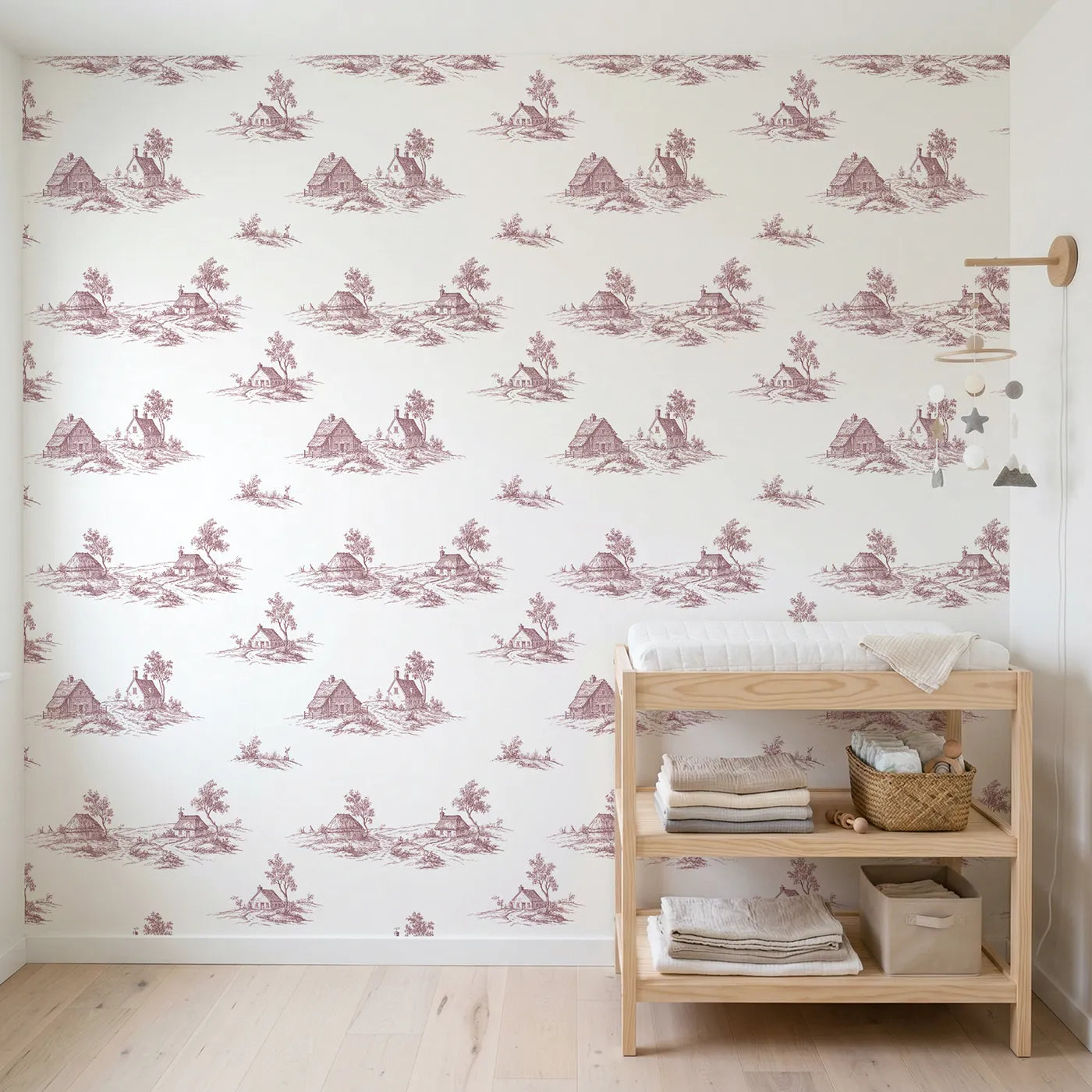 Cottage Toile Scene in Pink wallpaper in a styled nursery - Whimsy Tots