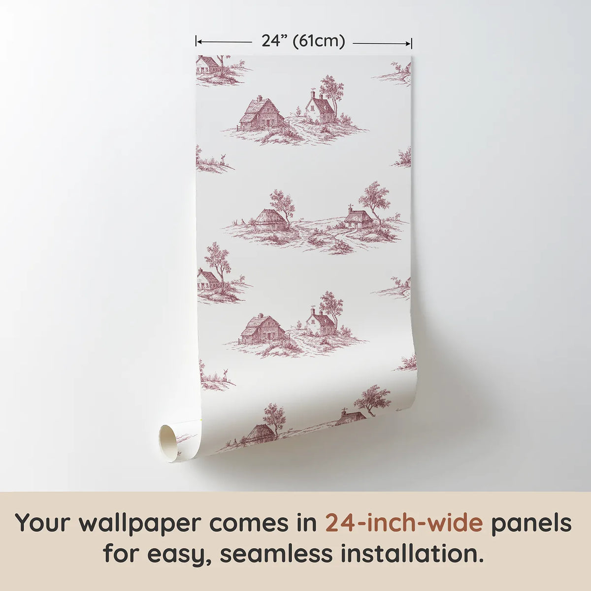 Cottage Toile Scene in Pink wallpaper panel dimensions - Whimsy Tots