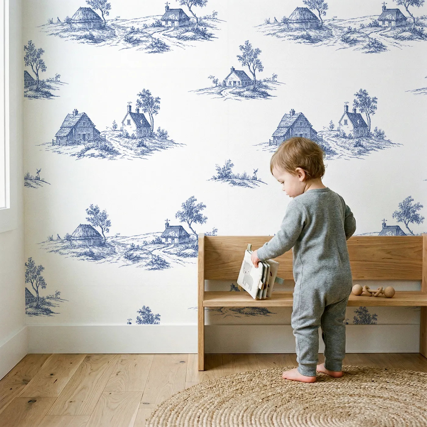 Cottage Toile Scene wallpaper in a cozy kids room - Whimsy Tots