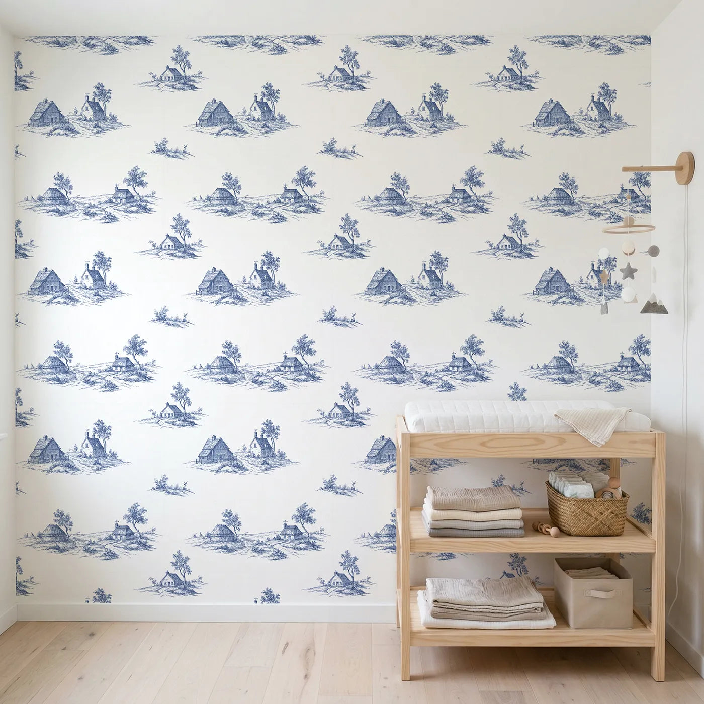 Cottage Toile Scene wallpaper in a styled nursery - Whimsy Tots