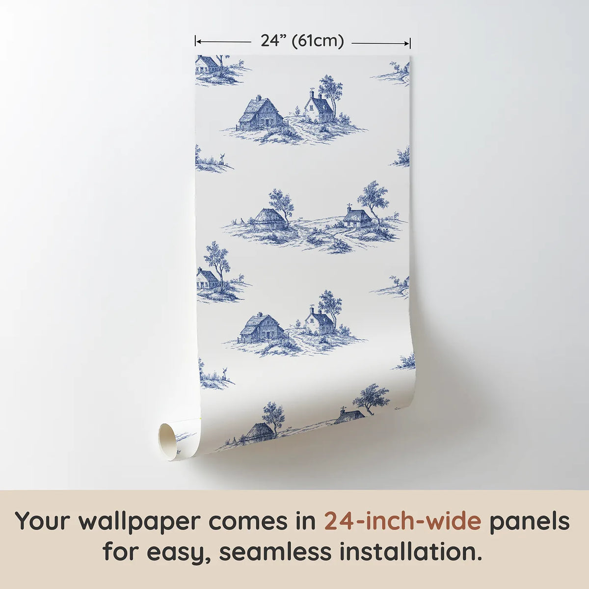 Cottage Toile Scene wallpaper panel dimensions - Whimsy Tots