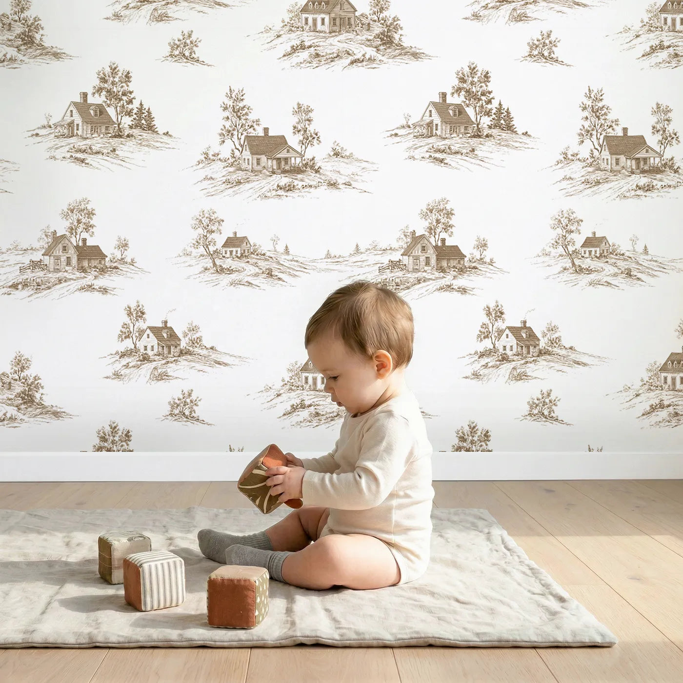 Cottage Toile Garden in Brown wallpaper in a cozy kids room - Whimsy Tots