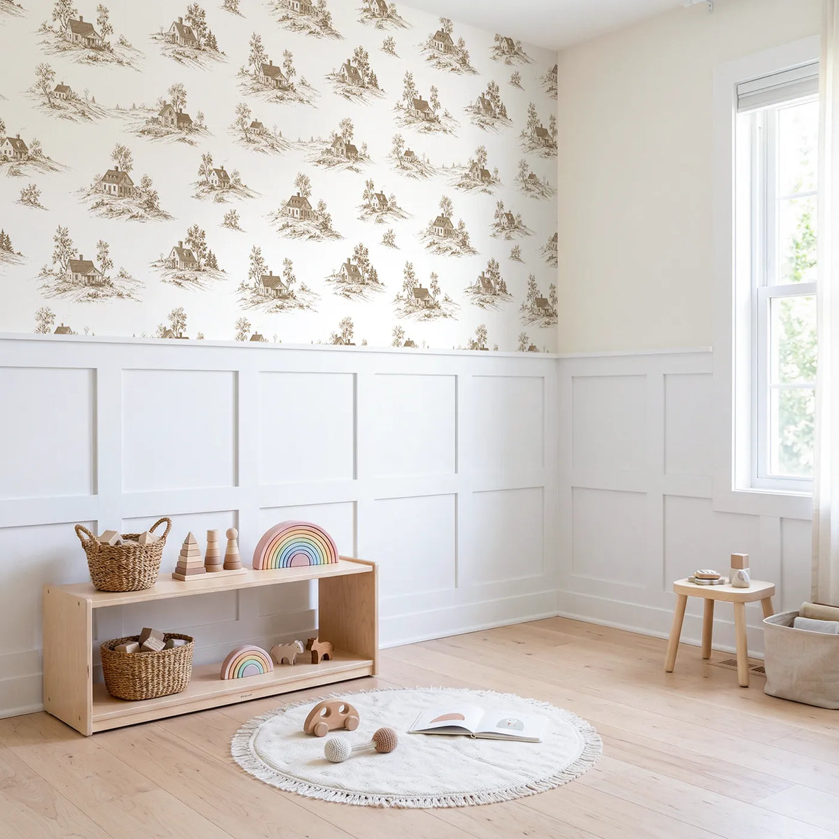 Cottage Toile Garden in Brown wallpaper above wainscoting - Whimsy Tots