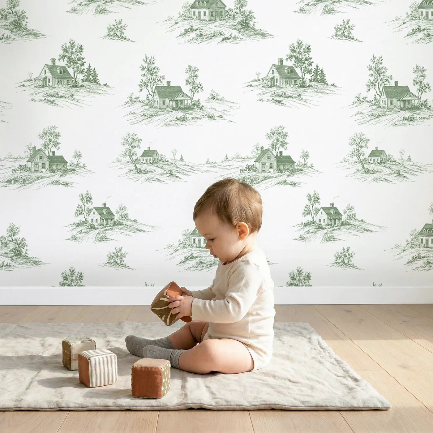 Cottage Toile Garden in Green wallpaper in a cozy kids room - Whimsy Tots