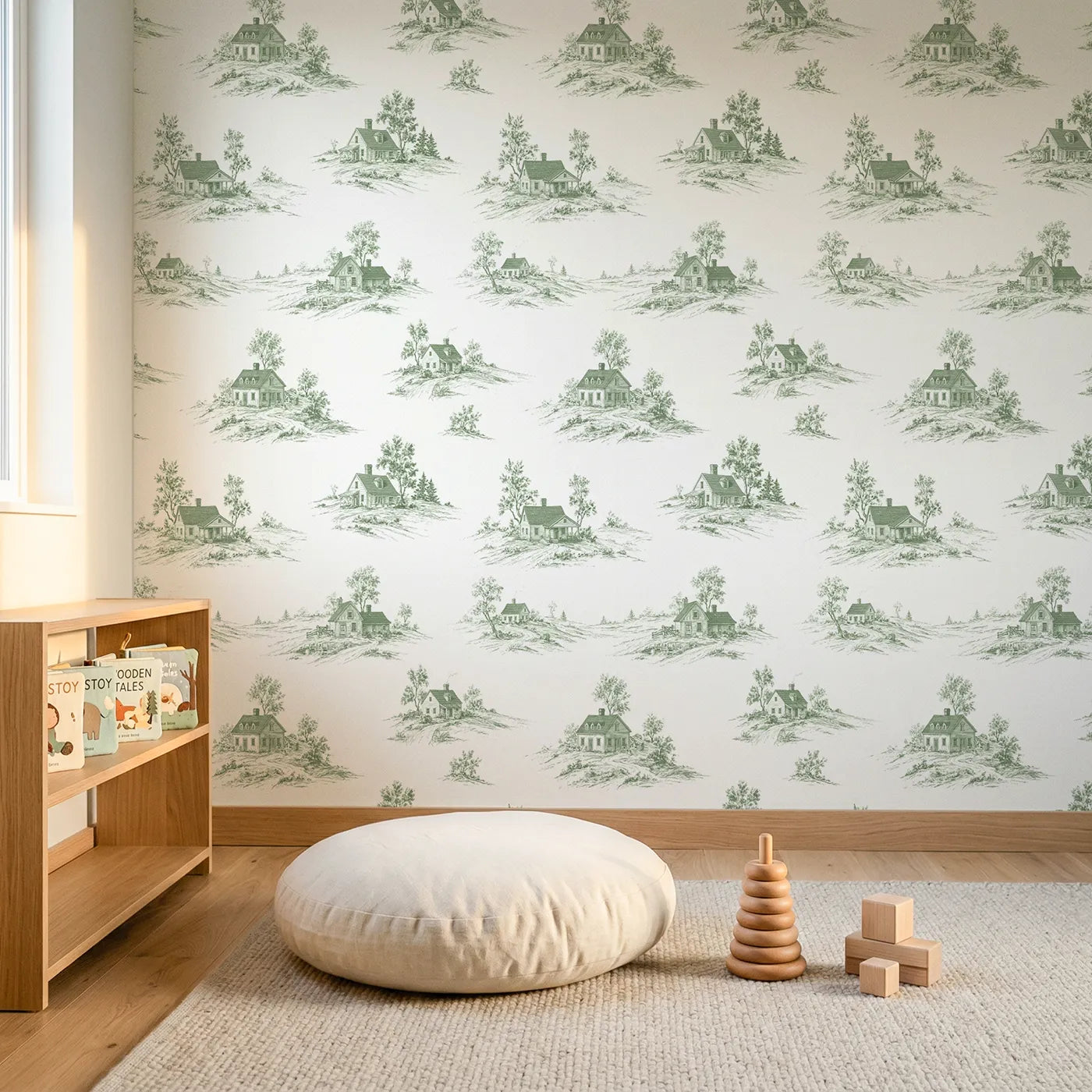 Cottage Toile Garden in Green wallpaper in a styled nursery - Whimsy Tots