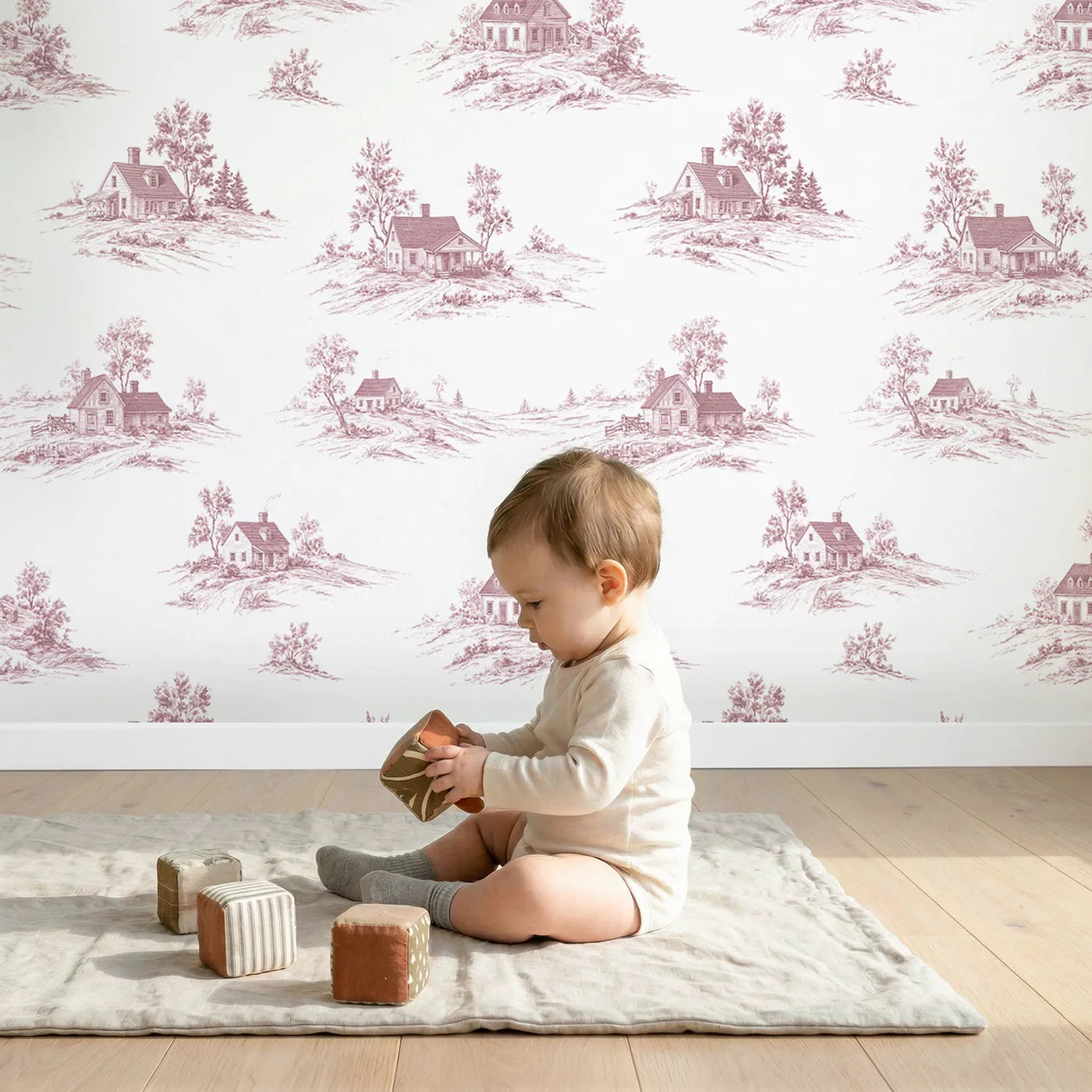 Cottage Toile Garden in Pink wallpaper in a cozy kids room - Whimsy Tots