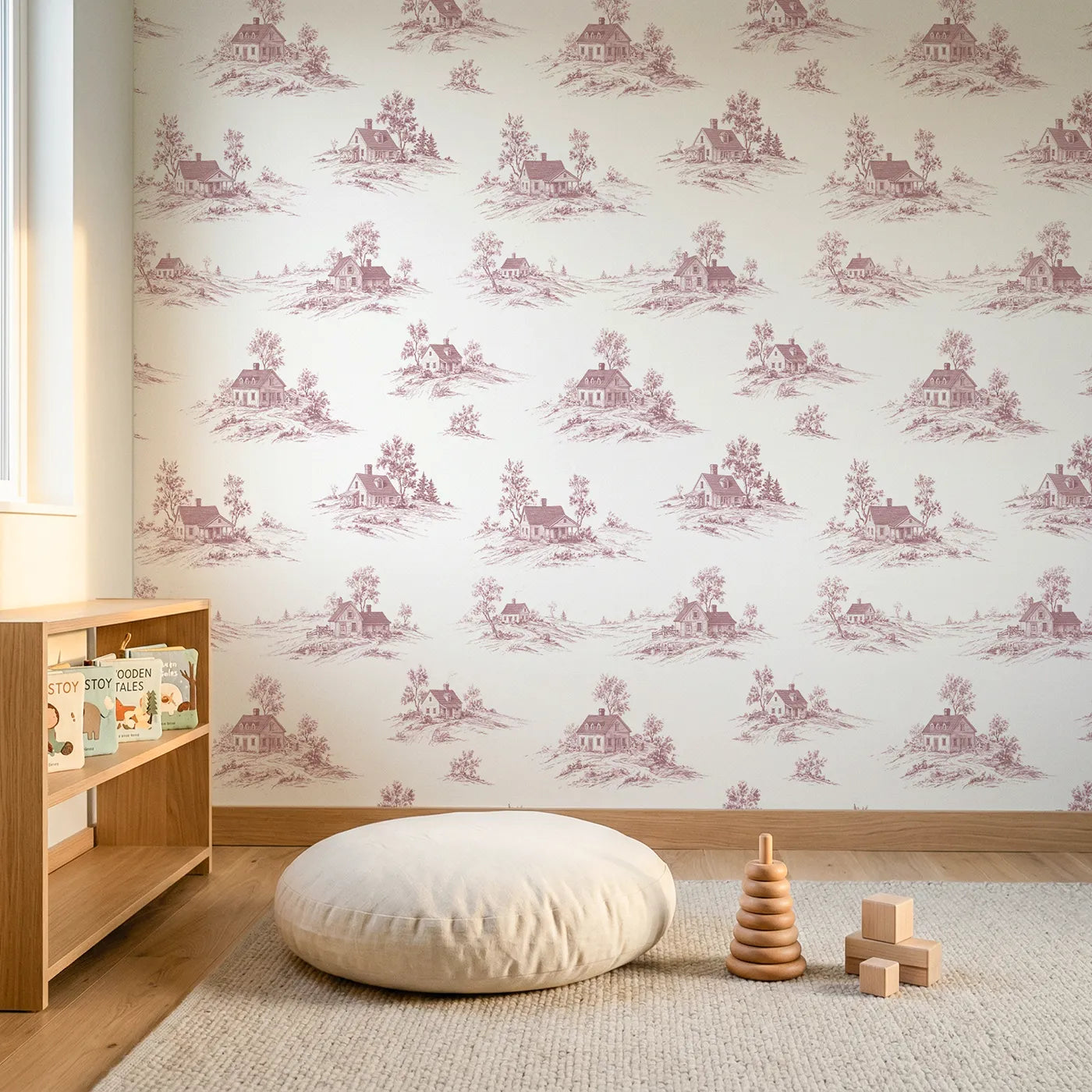 Cottage Toile Garden in Pink wallpaper in a styled nursery - Whimsy Tots