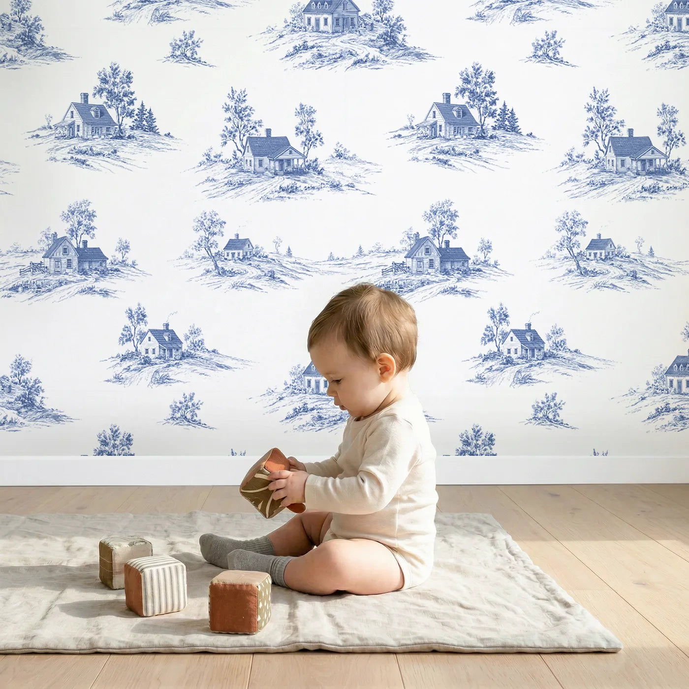 Cottage Toile Garden wallpaper in a cozy kids room - Whimsy Tots