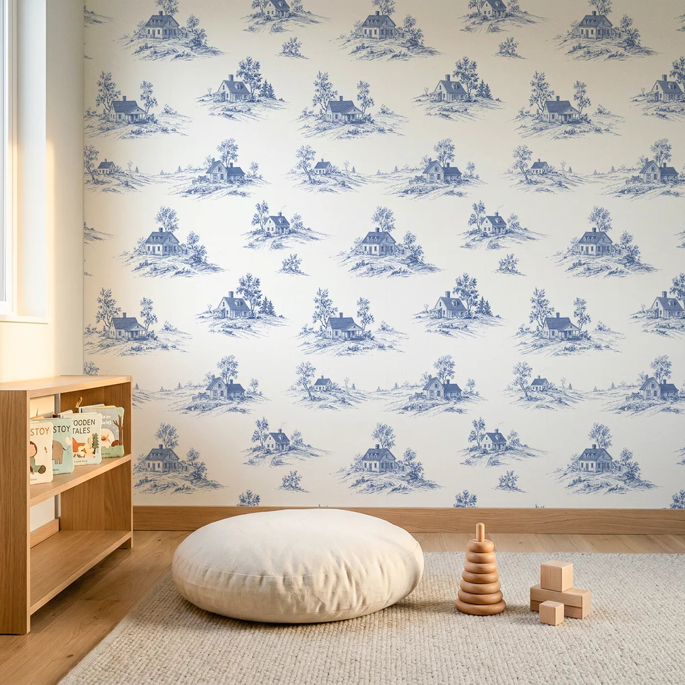 Cottage Toile Garden wallpaper in a styled nursery - Whimsy Tots